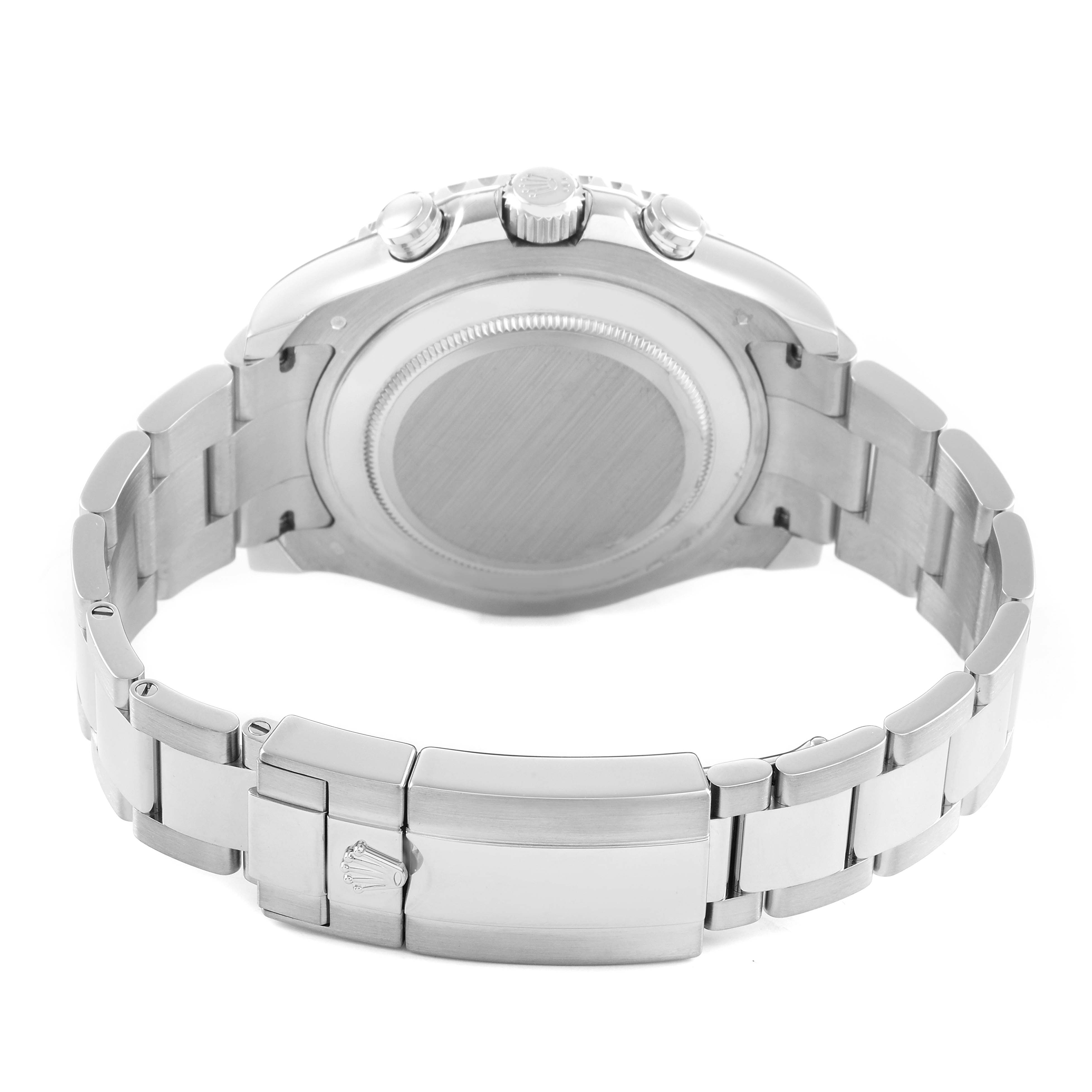 The image shows the back of a Rolex Yacht-Master 116689 Men's White Gold White Dial watch, highlighting the bracelet, clasp, and case back.