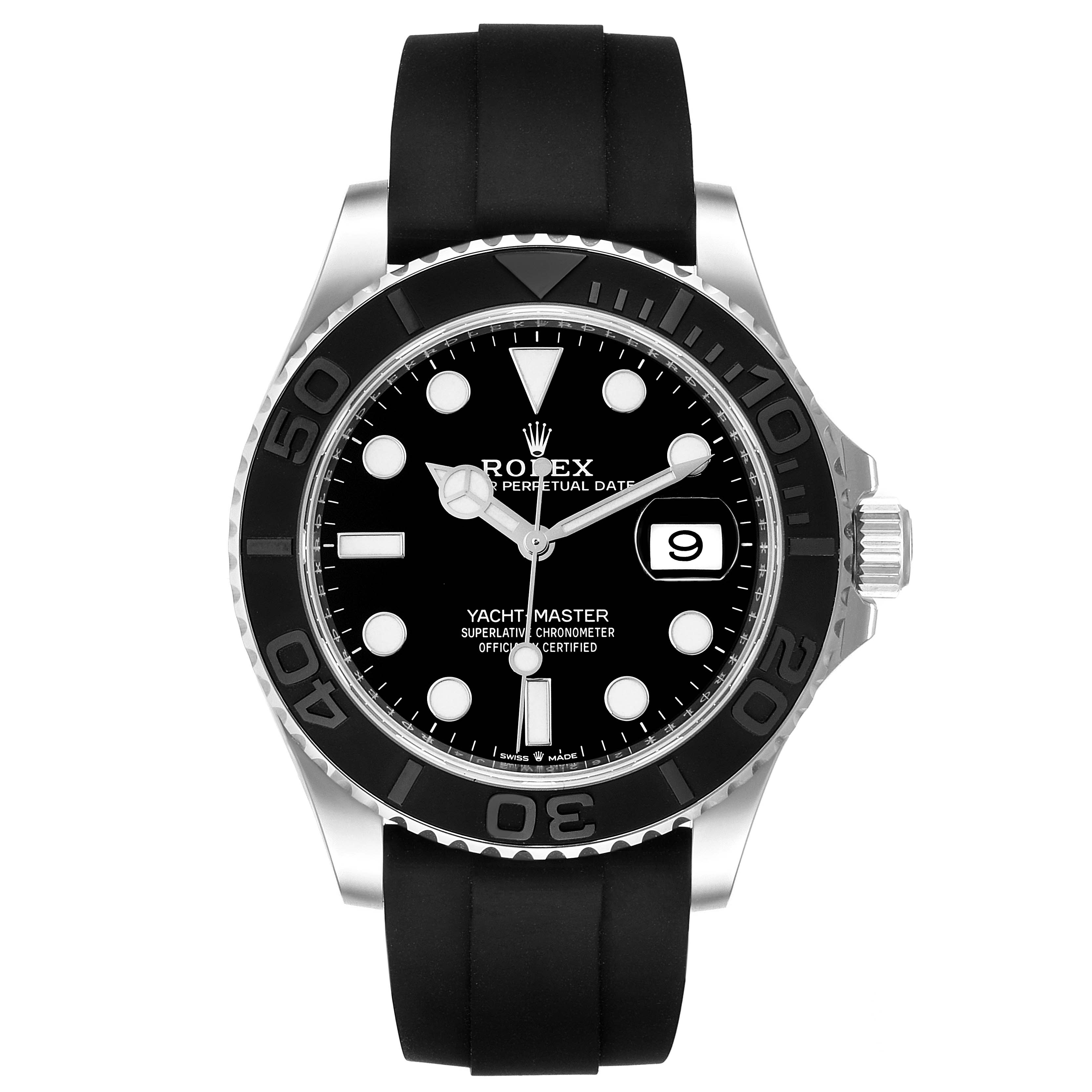The image shows a front view of the Rolex Yacht-Master 226659 Men's White Gold Black Dial 226659 Men's White Gold Black Dial watch, featuring its dial, bezel, crown, and black rubber strap.