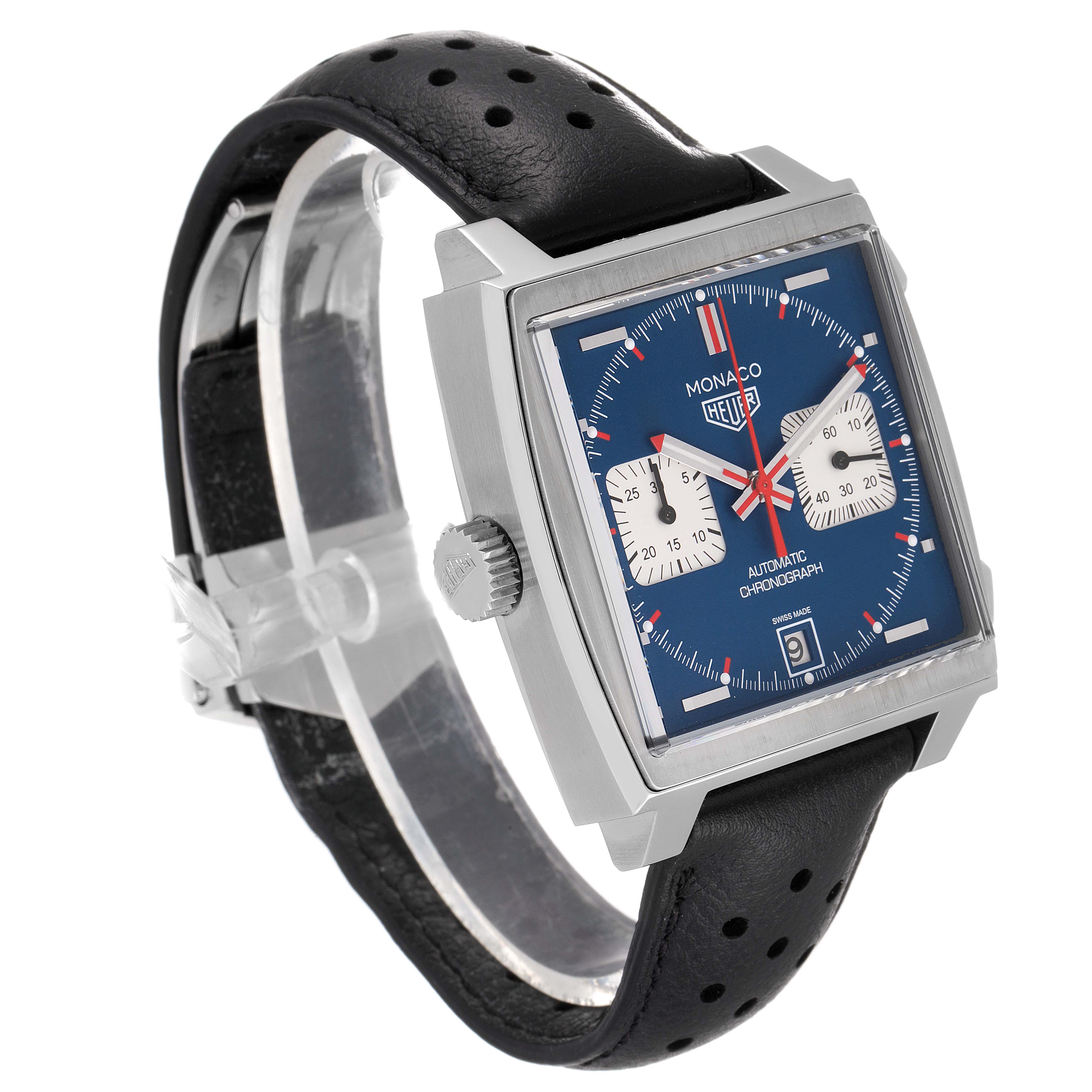 The image shows a Tag Heuer Monaco CAW211P Men
s Stainless Steel Blue Dial CAW211P Men
s Stainless Steel Blue Dial watch at a three-quarter angle, highlighting its square face, crown, and perforated leather strap.