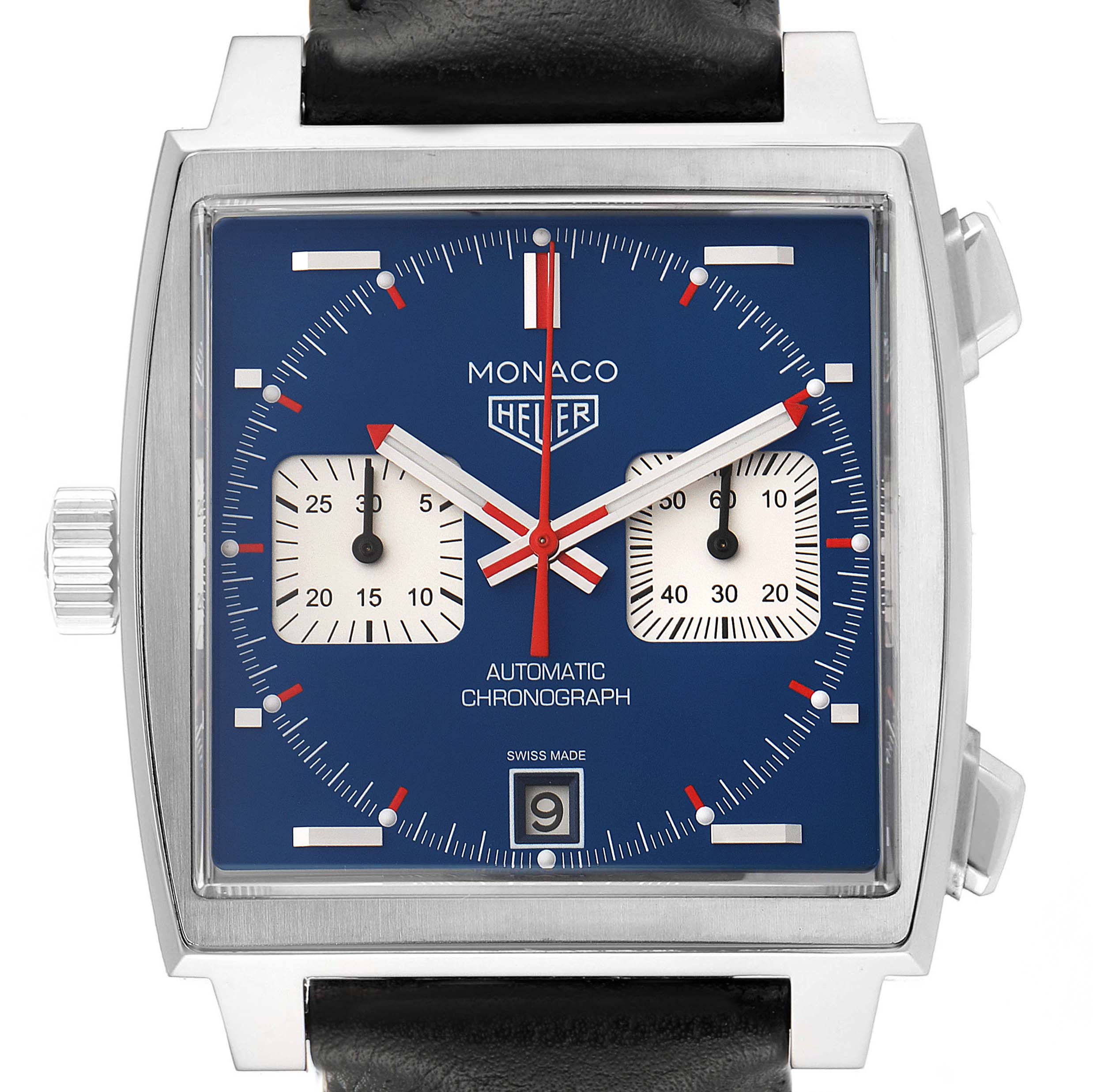 This image shows a front view of the Tag Heuer Monaco CAW211P Men
s Stainless Steel Blue Dial CAW211P Men
s Stainless Steel Blue Dial watch, displaying its square case, blue dial, and sub-dials.