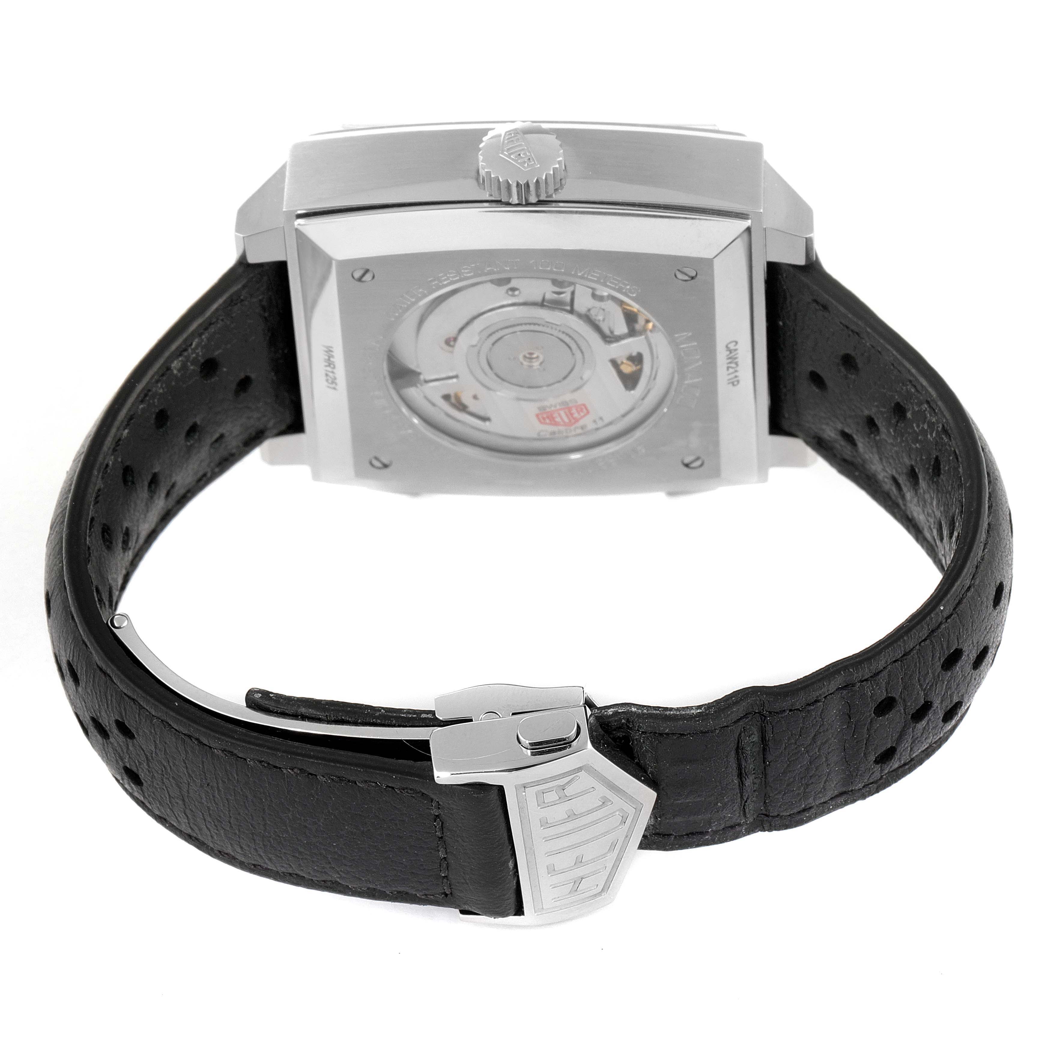 The image shows the back and strap of the Monaco model by Tag Heuer, highlighting the movement and clasp.