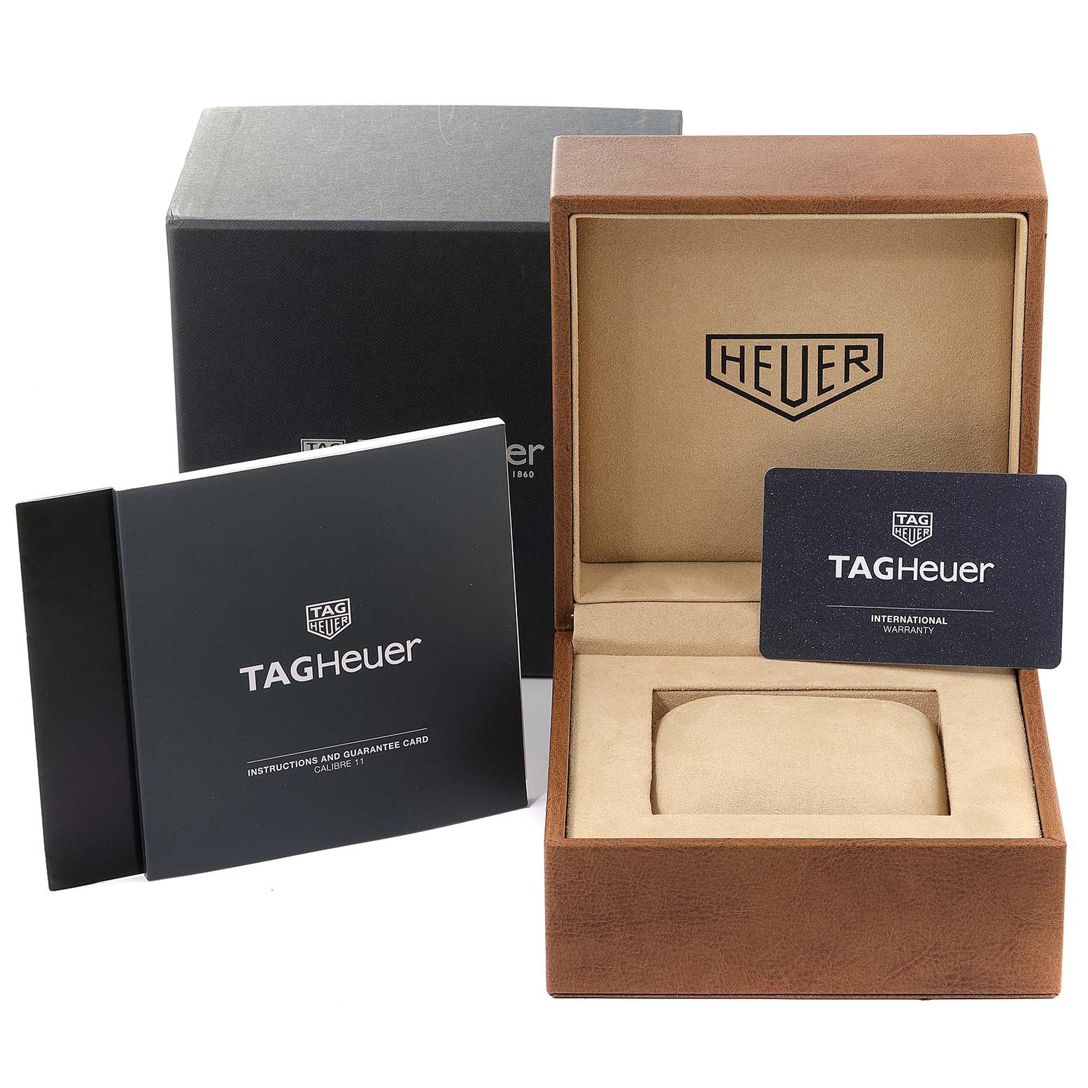 The image shows a Tag Heuer Monaco CAW211P Men
s Stainless Steel Blue Dial CAW211P Men
s Stainless Steel Blue Dial watch box, warranty card, and instruction manual, captured from a front angle.