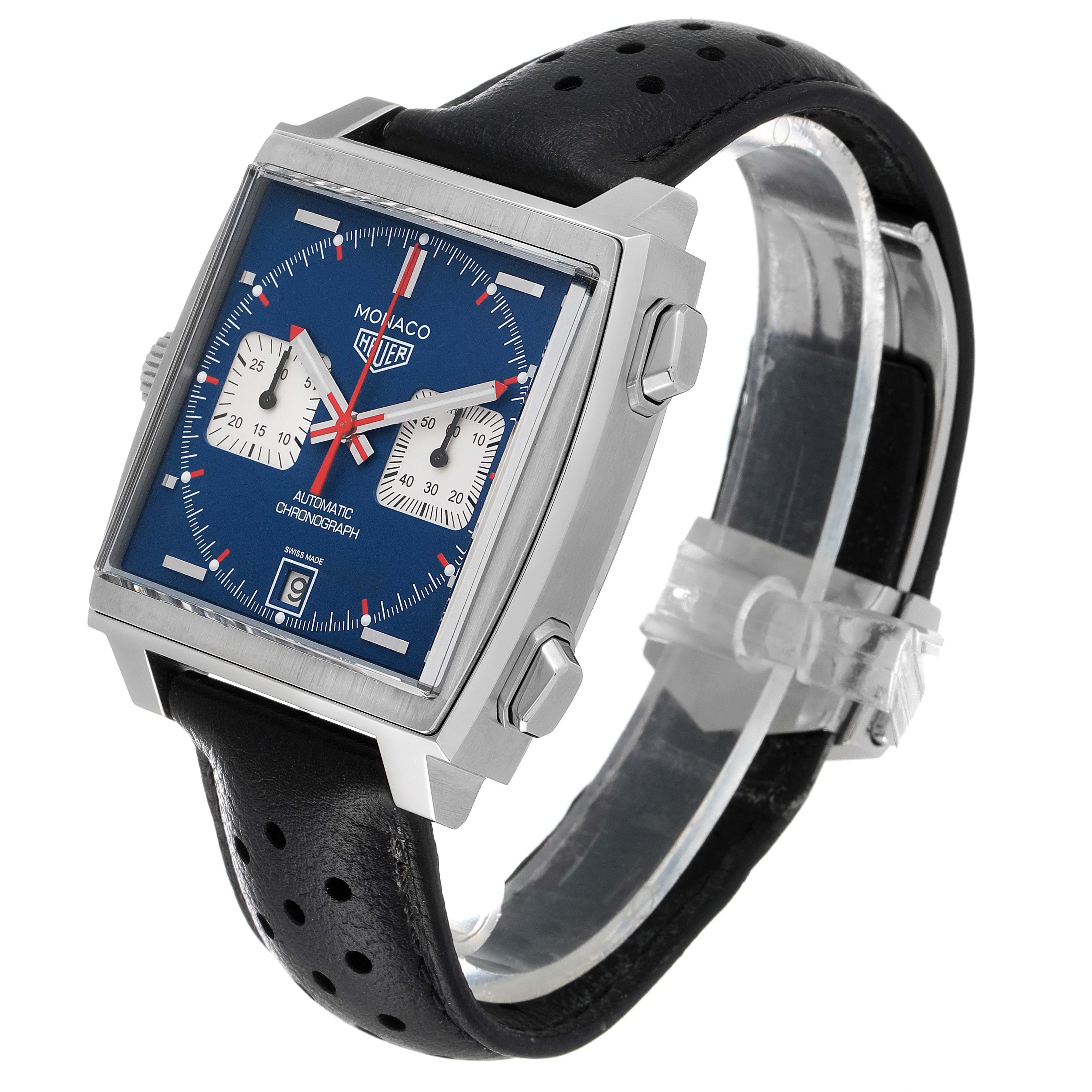 The image shows a Tag Heuer Monaco CAW211P Men
s Stainless Steel Blue Dial CAW211P Men
s Stainless Steel Blue Dial watch at a three-quarter angle, highlighting its square face, two subdials, and perforated leather strap.