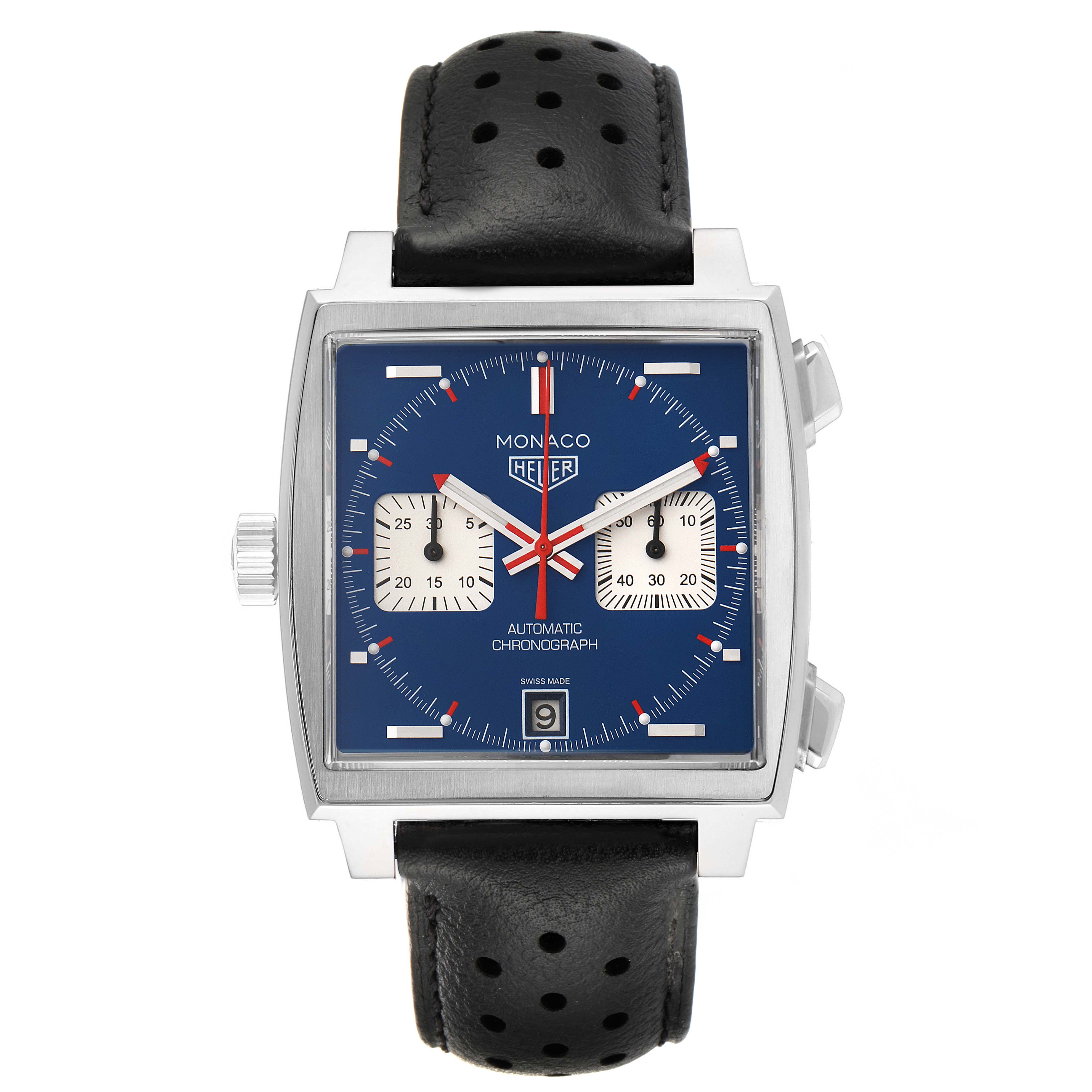 The image shows a front view of the Tag Heuer Monaco CAW211P Men
s Stainless Steel Blue Dial CAW211P Men
s Stainless Steel Blue Dial watch, featuring its square blue dial and black perforated leather strap.