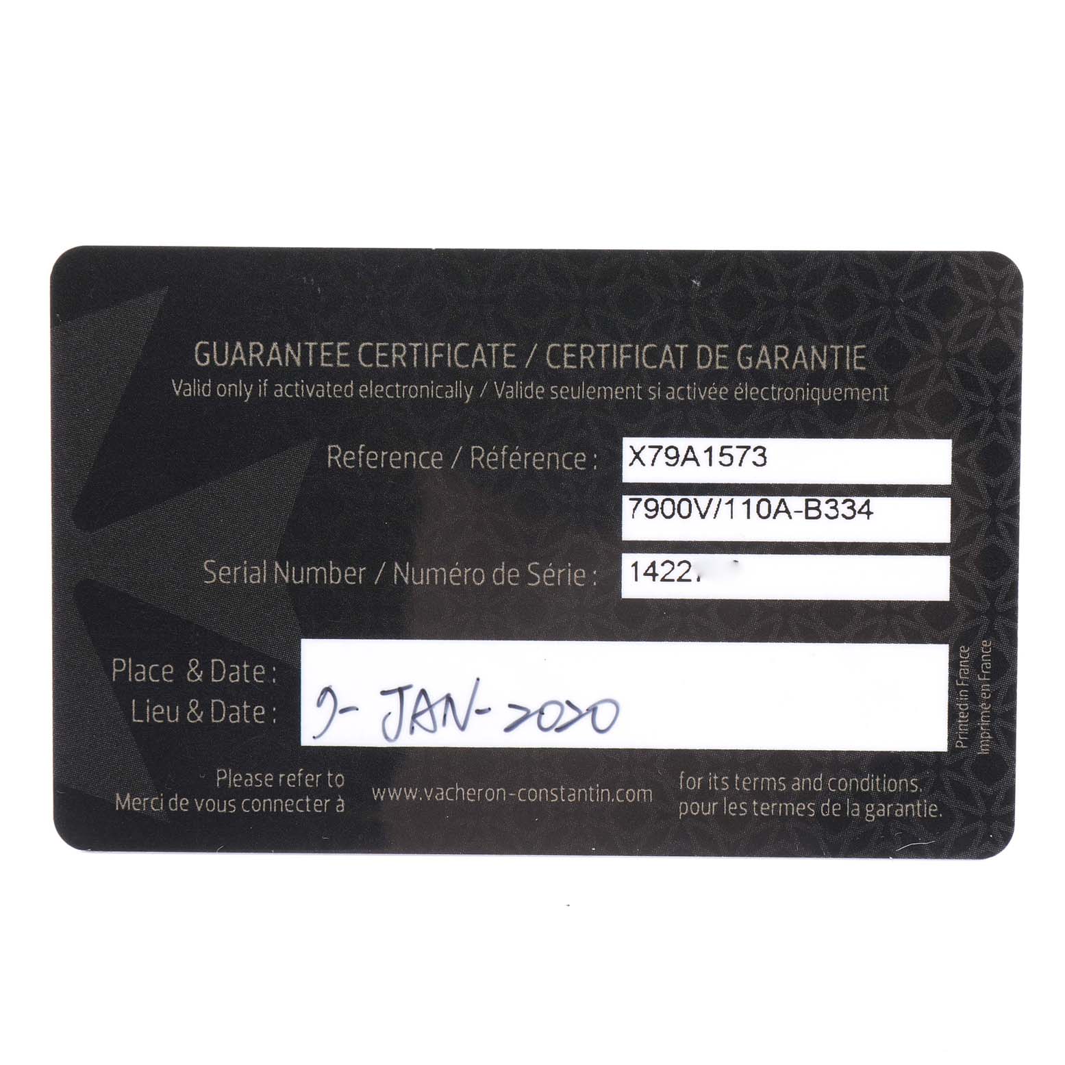 This image shows the guarantee certificate for a Vacheron Constantin Overseas 7900V/110A-B334 Men's Stainless Steel Blue Dial 7900V/110A-B334 Men's Stainless Steel Blue Dial model watch, including reference and serial numbers.