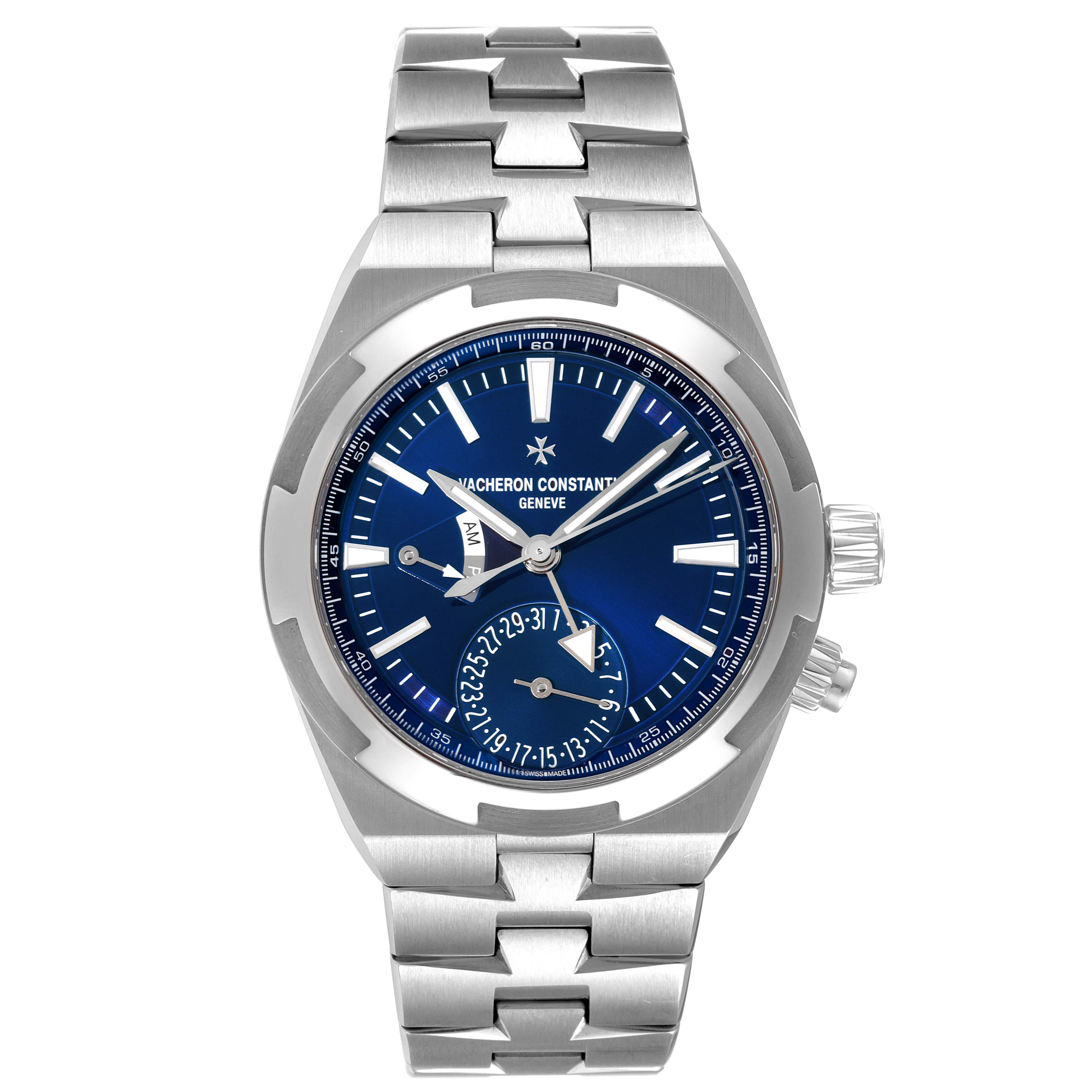 The image shows a front view of the Vacheron Constantin Overseas 7900V/110A-B334 Men's Stainless Steel Blue Dial 7900V/110A-B334 Men's Stainless Steel Blue Dial model watch, highlighting its blue dial, bracelet, and crown.