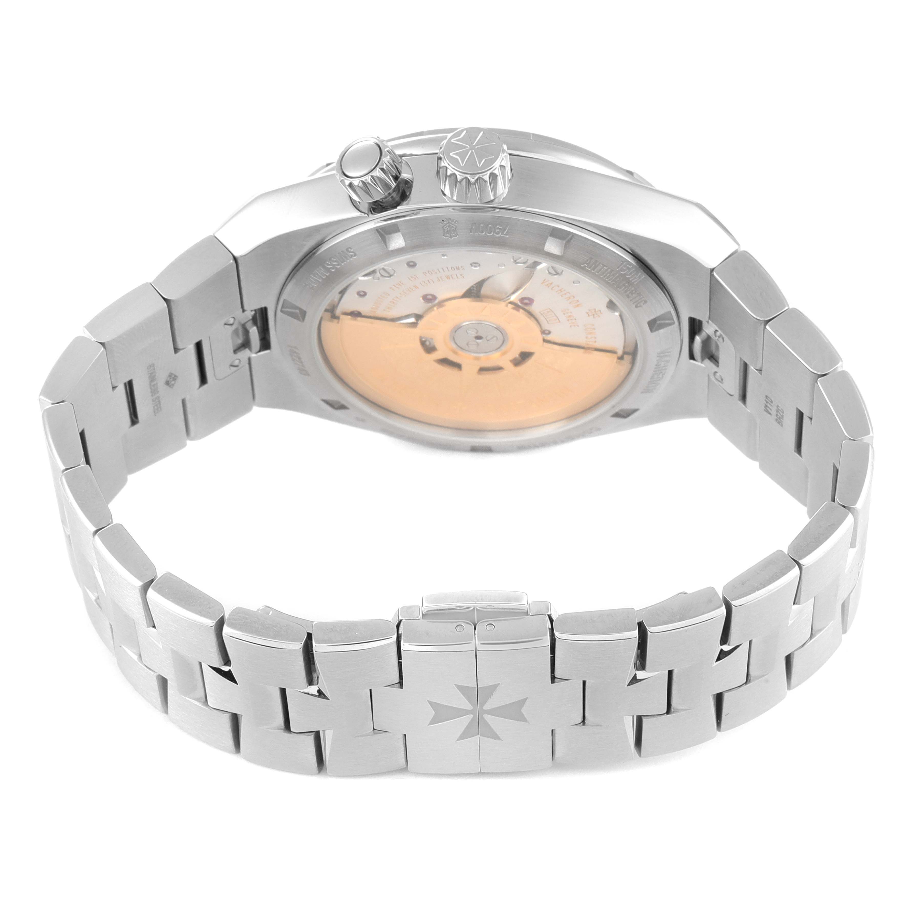 The image shows the back view of a Vacheron Constantin Overseas 7900V/110A-B334 Men's Stainless Steel Blue Dial 7900V/110A-B334 Men's Stainless Steel Blue Dial watch, highlighting its bracelet and case back.