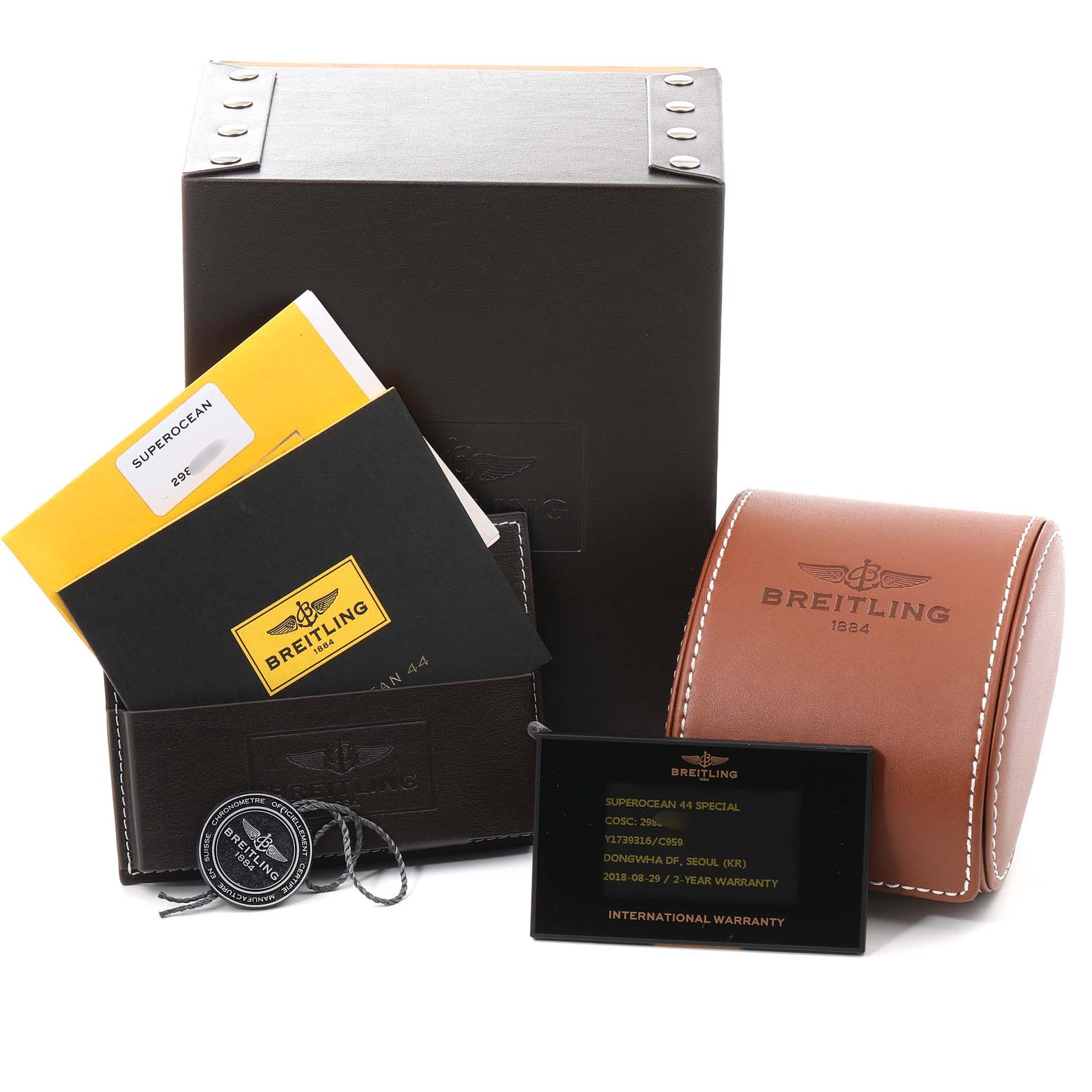 The image shows the packaging, manuals, warranty card, and leather case for the Breitling Superocean Y1739310 Men's Stainless Steel Blue Dial Y1739310 Men's Stainless Steel Blue Dial watch model.