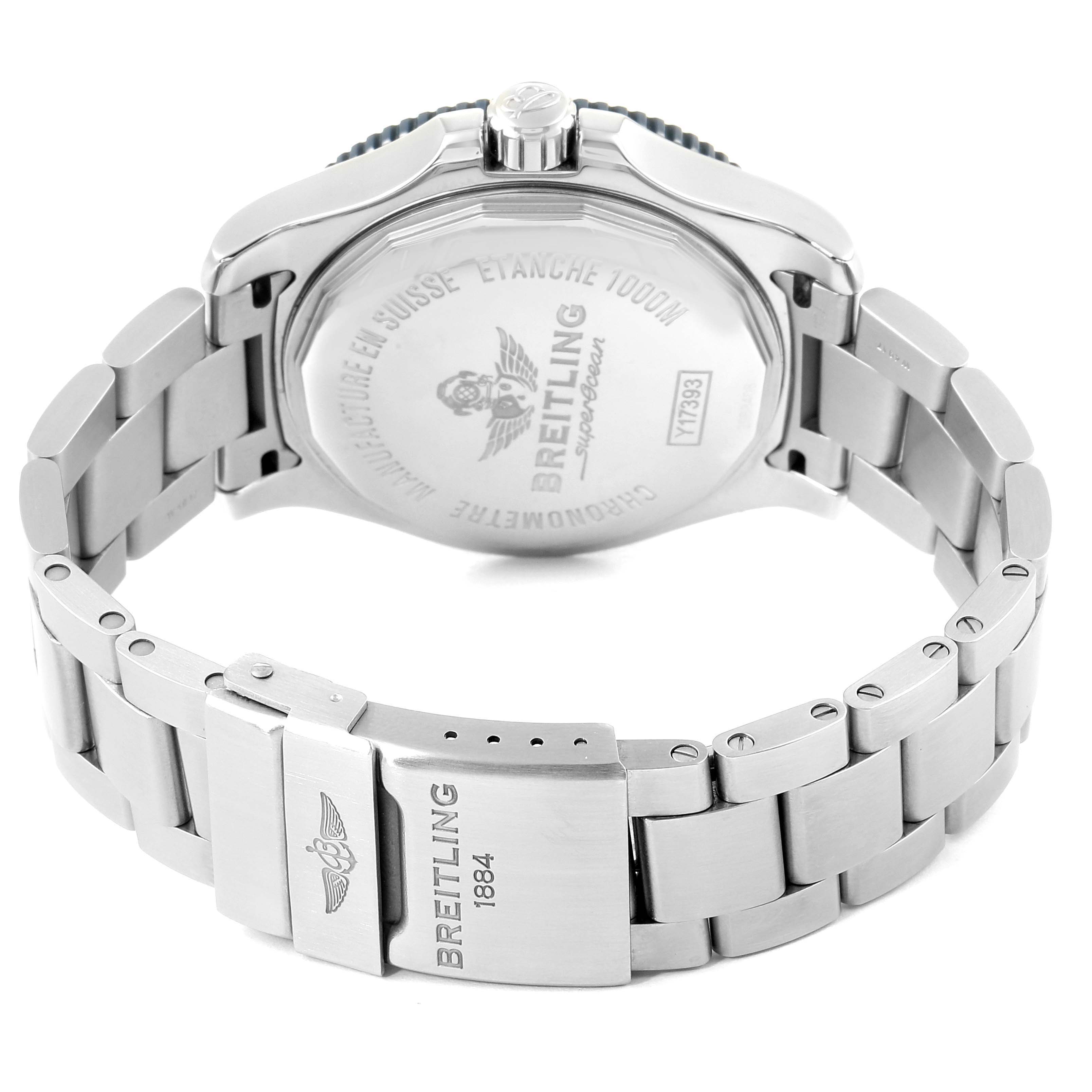 The image shows the back case and clasp of a Breitling Superocean Y1739310 Men's Stainless Steel Blue Dial Y1739310 Men's Stainless Steel Blue Dial watch from a rear angle.