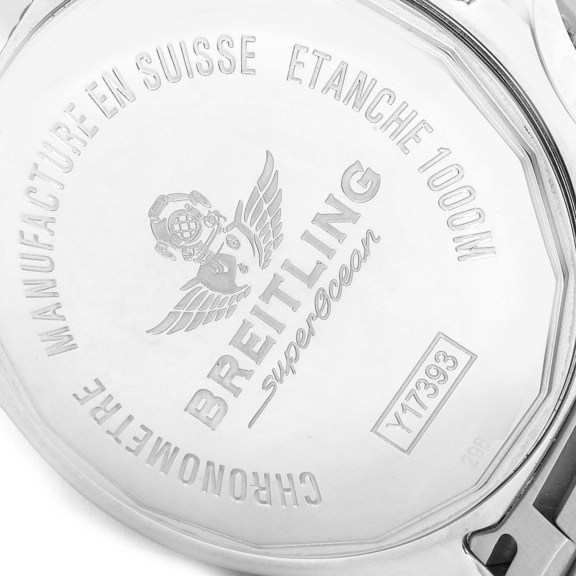 The image shows the back case of a Breitling Superocean Y1739310 Men's Stainless Steel Blue Dial Y1739310 Men's Stainless Steel Blue Dial watch, highlighting the engraved brand and model details.