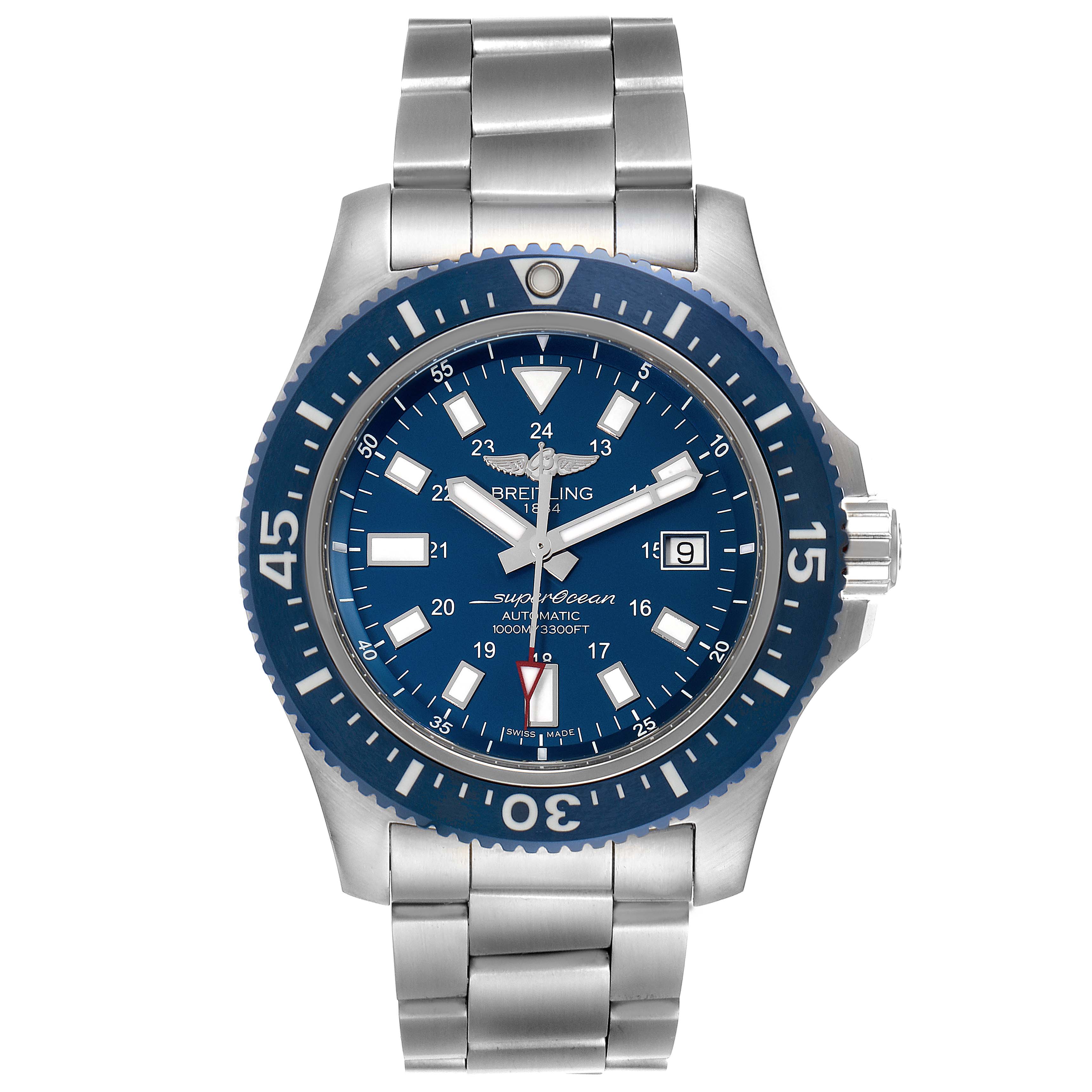 The image shows a front view of the Breitling Superocean Y1739310 Men's Stainless Steel Blue Dial Y1739310 Men's Stainless Steel Blue Dial watch, highlighting its blue dial, bezel, and stainless steel bracelet.