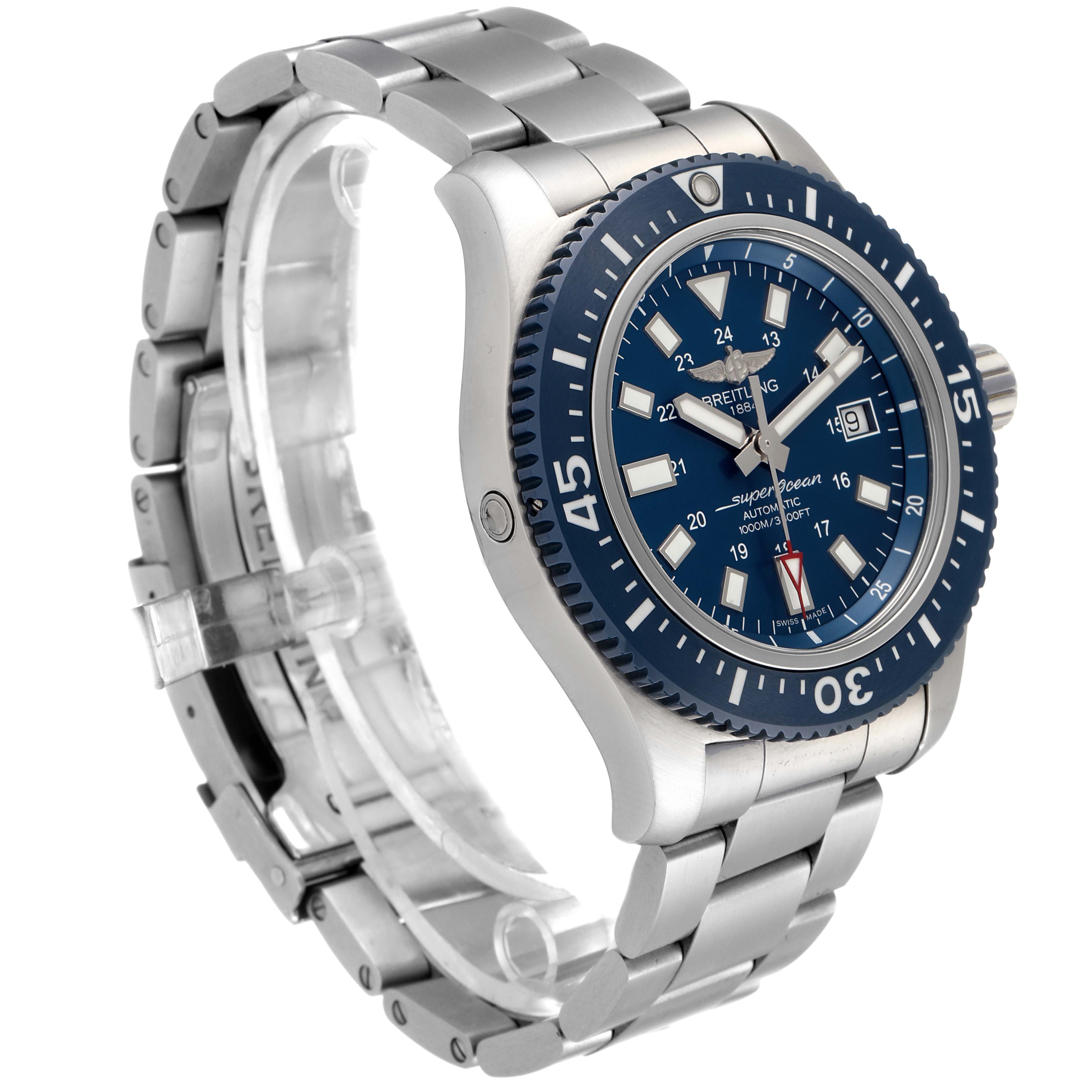 The Breitling Superocean Y1739310 Men's Stainless Steel Blue Dial Y1739310 Men's Stainless Steel Blue Dial watch is shown at an angle that highlights the face, bezel, and part of the bracelet.