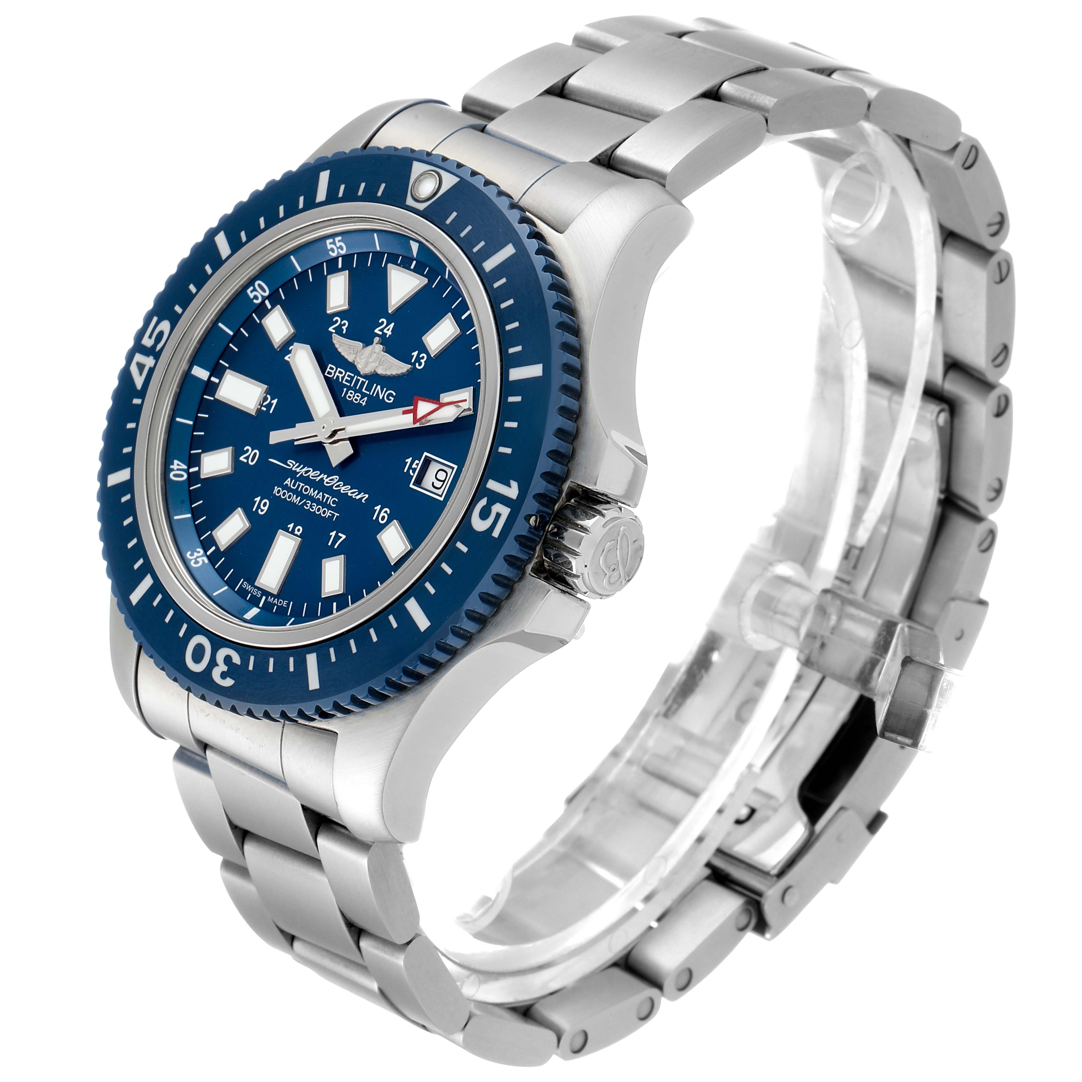 The Breitling Superocean Y1739310 Men's Stainless Steel Blue Dial Y1739310 Men's Stainless Steel Blue Dial watch is displayed from an angled side view, showcasing the blue bezel, dial, and metal bracelet.