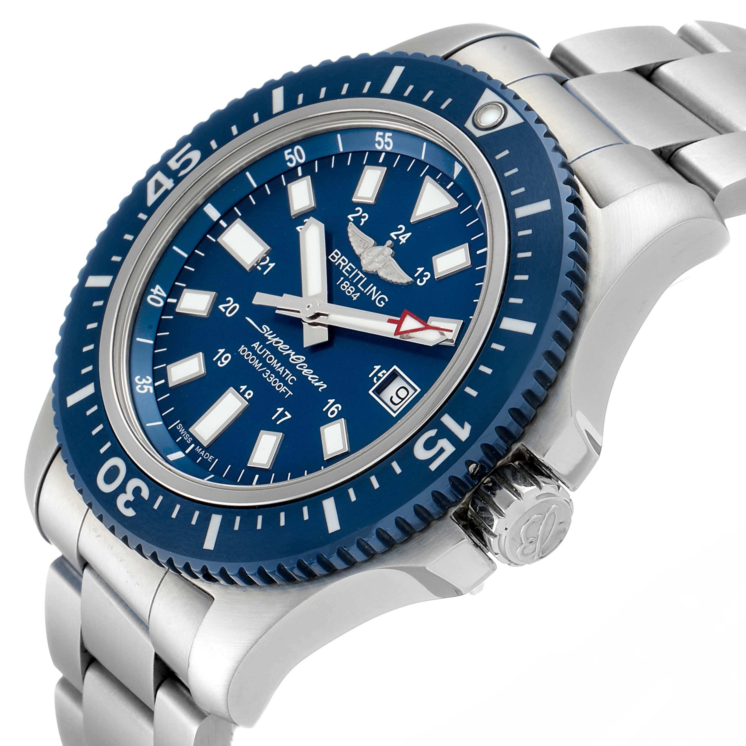The image shows the Breitling Superocean Y1739310 Men's Stainless Steel Blue Dial Y1739310 Men's Stainless Steel Blue Dial watch at a slight side angle, highlighting the blue dial, bezel, and metal bracelet.