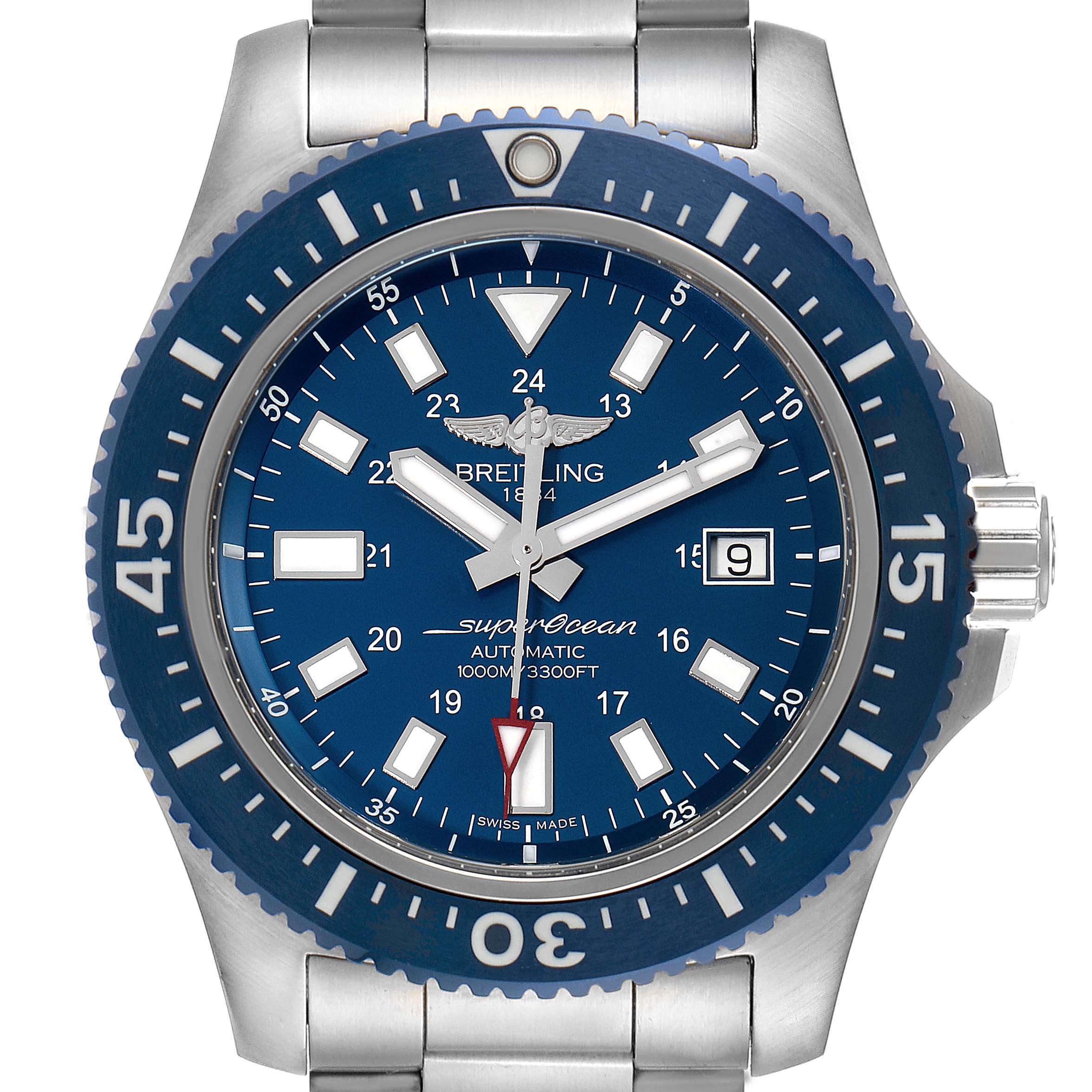 The image shows a close-up, frontal view of a Breitling Superocean Y1739310 Men's Stainless Steel Blue Dial Y1739310 Men's Stainless Steel Blue Dial watch, featuring its blue dial, bezel, and part of the stainless steel bracelet.