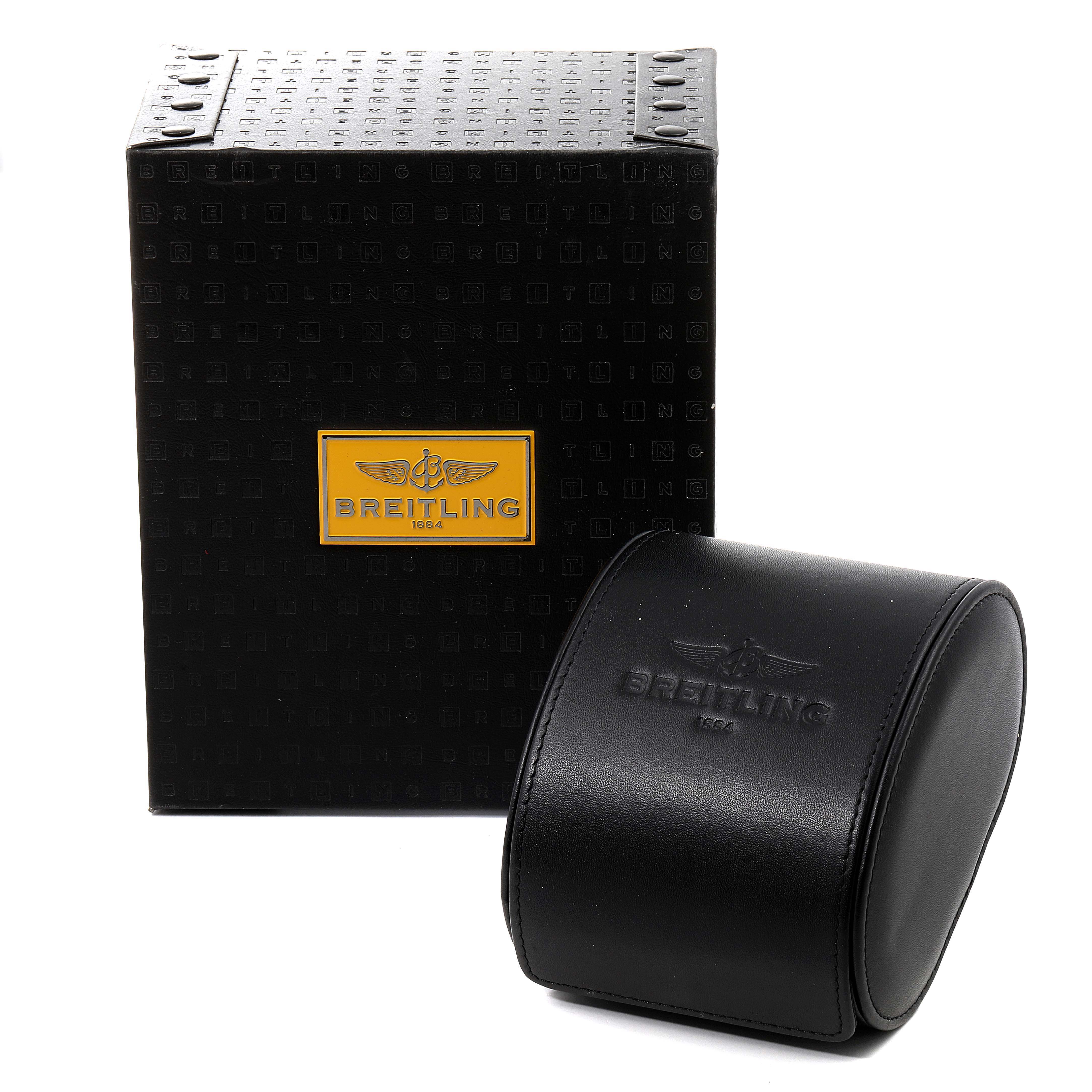 The image shows the packaging box and protective leather case for the Breitling Chronomat B13356 Men's Steel and Gold (two tone) Burgundy Dial B13356 Men's Steel and Gold (two tone) Burgundy Dial watch.