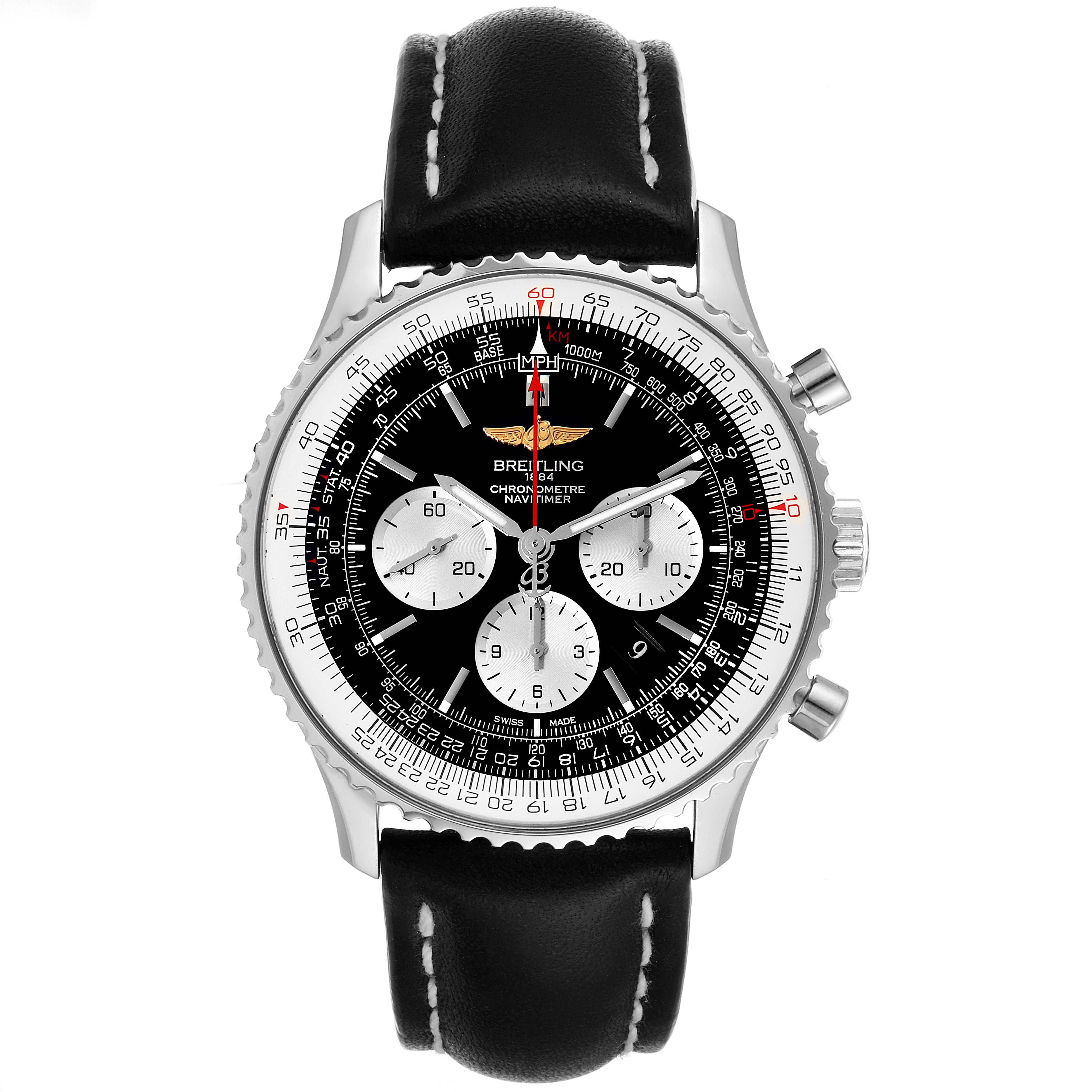 The Breitling Navitimer AB0127211C1A1 Men
s Stainless Steel Black Dial AB0127211C1A1 Men
s Stainless Steel Black Dial watch is shown from a front angle, displaying the dial, bezel, and strap.