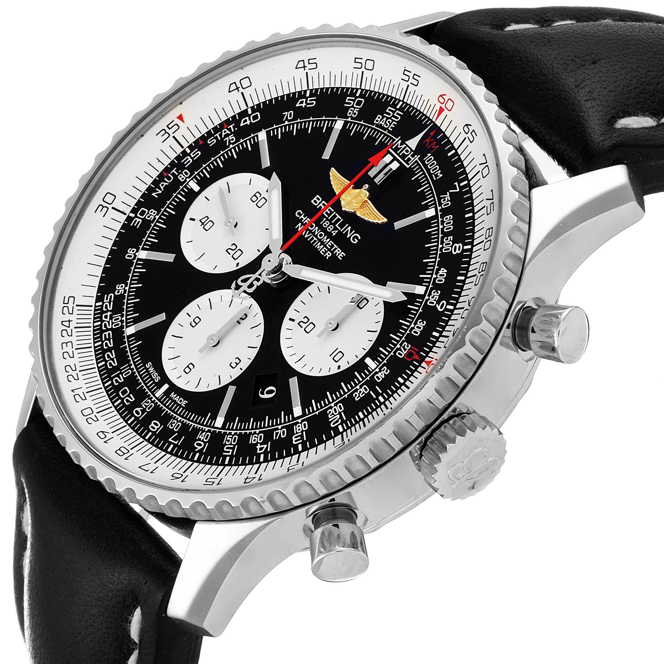 The image shows a side angle of the Breitling Navitimer AB0127211C1A1 Men
s Stainless Steel Black Dial AB0127211C1A1 Men
s Stainless Steel Black Dial watch, highlighting its face, chronograph dials, bezel, and crown.