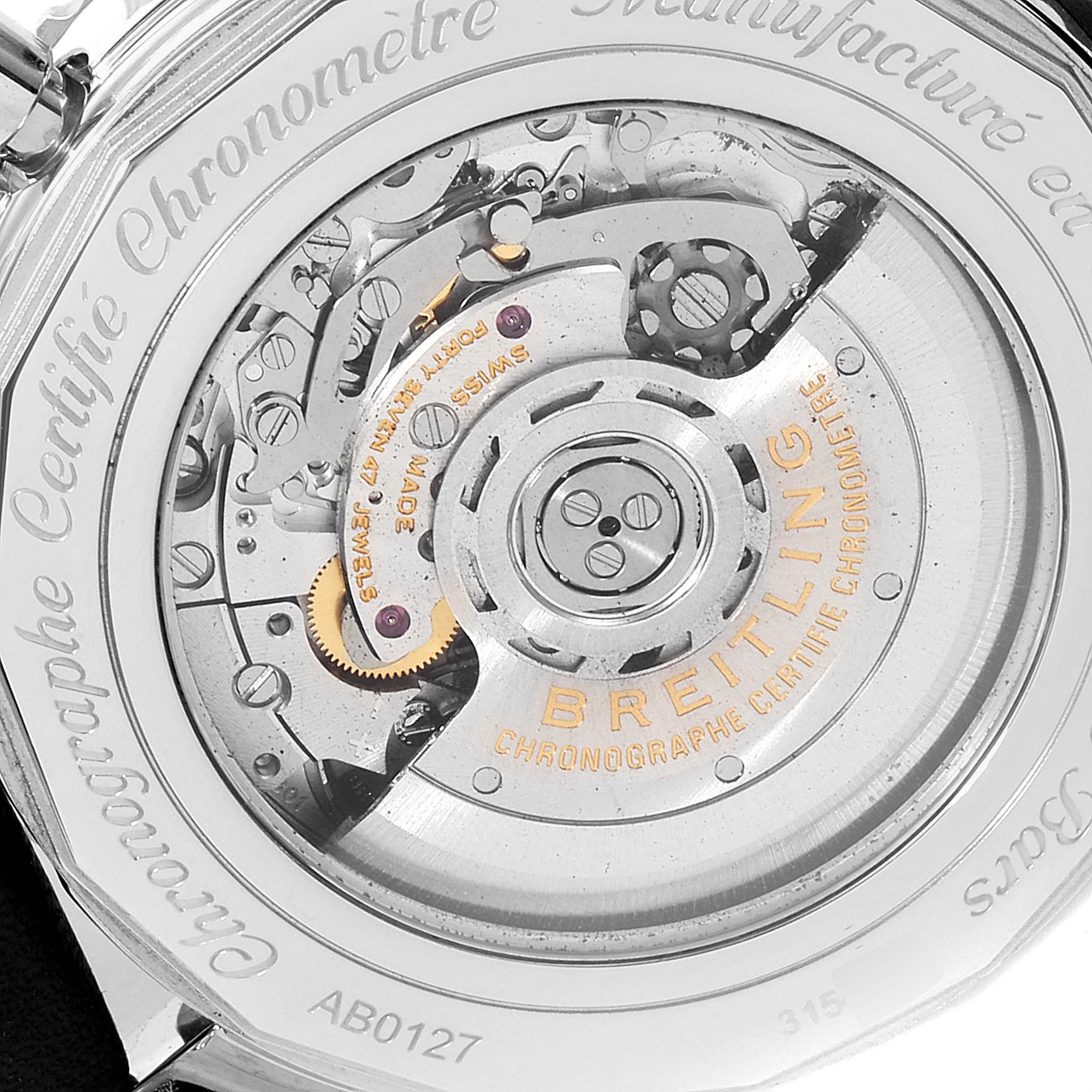 The image shows the rear view of the Breitling Navitimer AB0127211C1A1 Men
s Stainless Steel Black Dial AB0127211C1A1 Men
s Stainless Steel Black Dial watch, highlighting its internal movement mechanism.