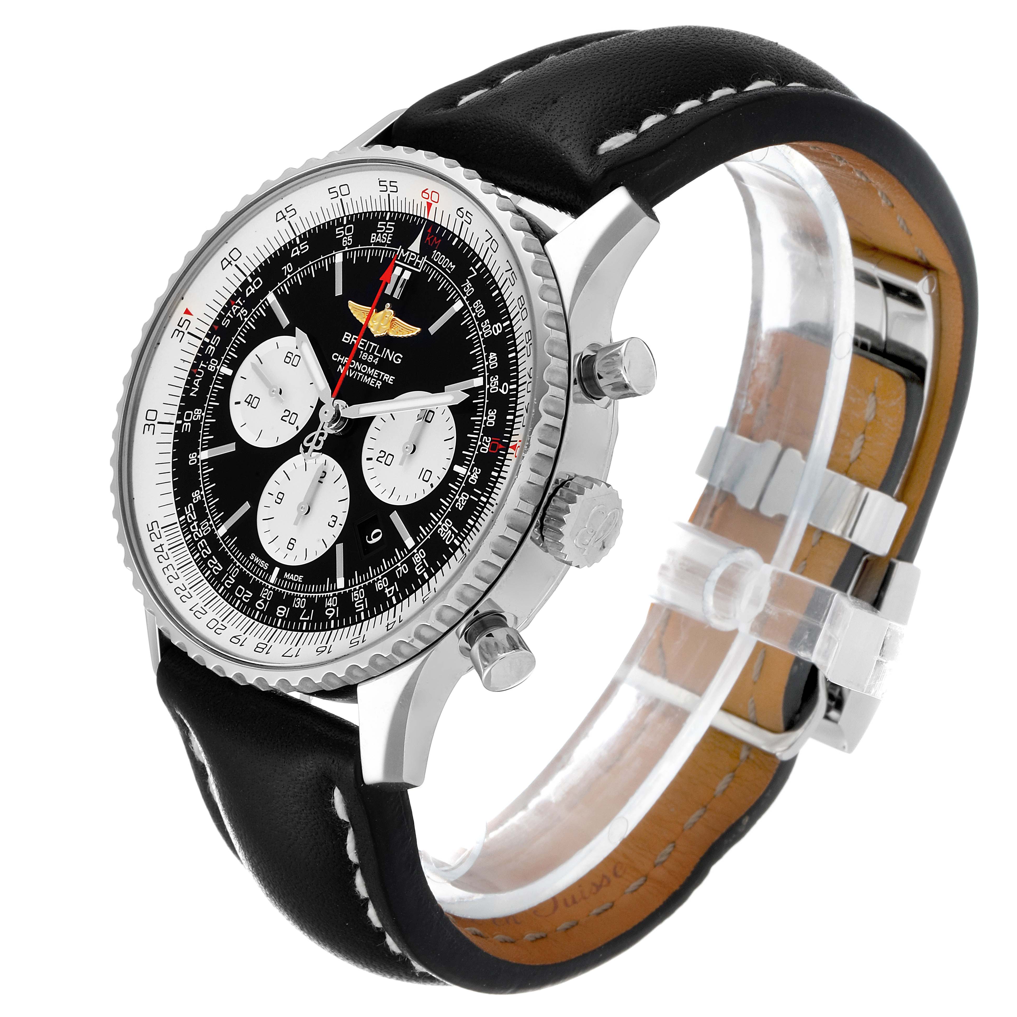 The Breitling Navitimer AB0127211C1A1 Men
s Stainless Steel Black Dial AB0127211C1A1 Men
s Stainless Steel Black Dial model is shown from a side angle displaying the bezel, dial, pushers, crown, and leather strap.