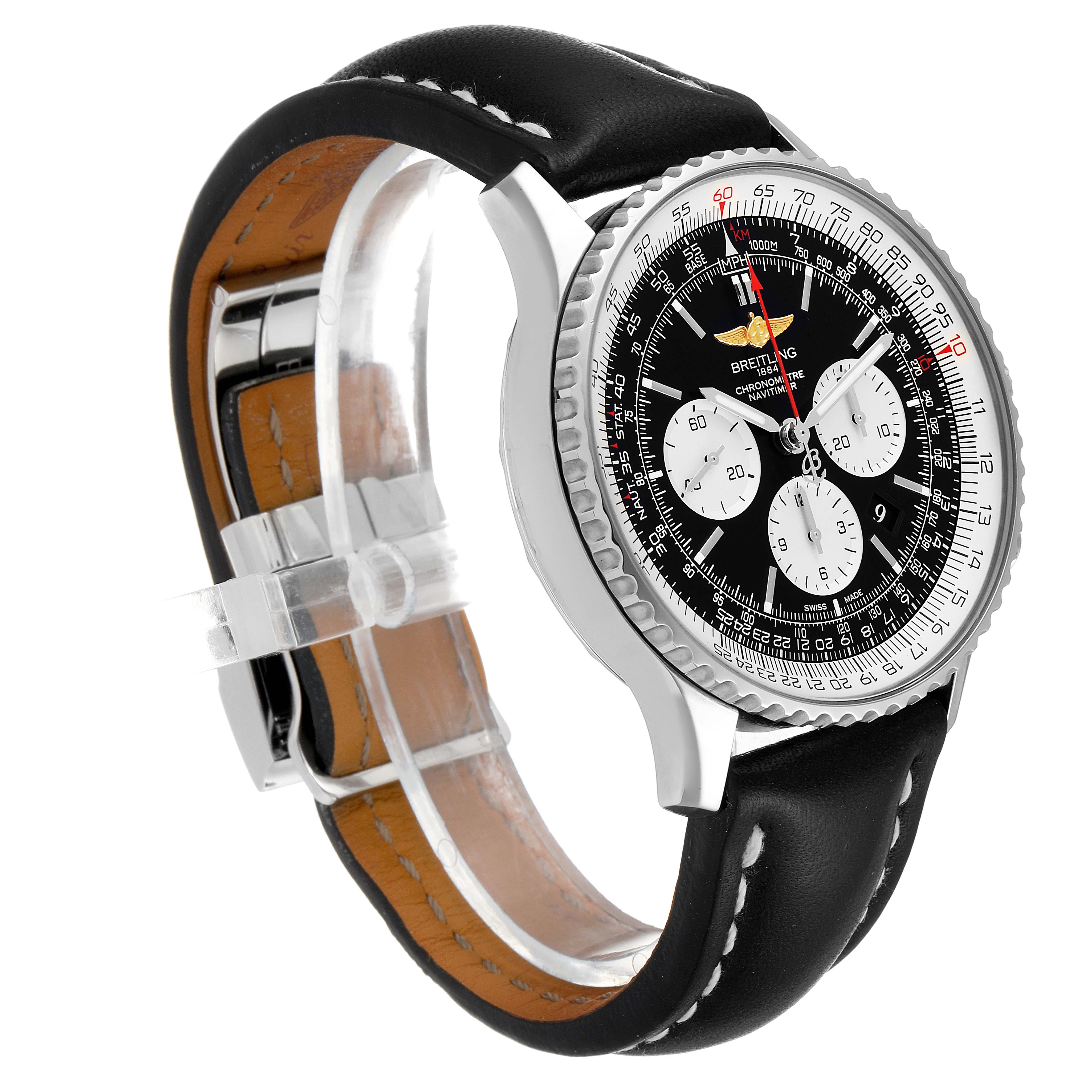 This image shows a side-angle view of the Breitling Navitimer AB0127211C1A1 Men
s Stainless Steel Black Dial AB0127211C1A1 Men
s Stainless Steel Black Dial watch, featuring the dial, bezel, and partially opened strap.