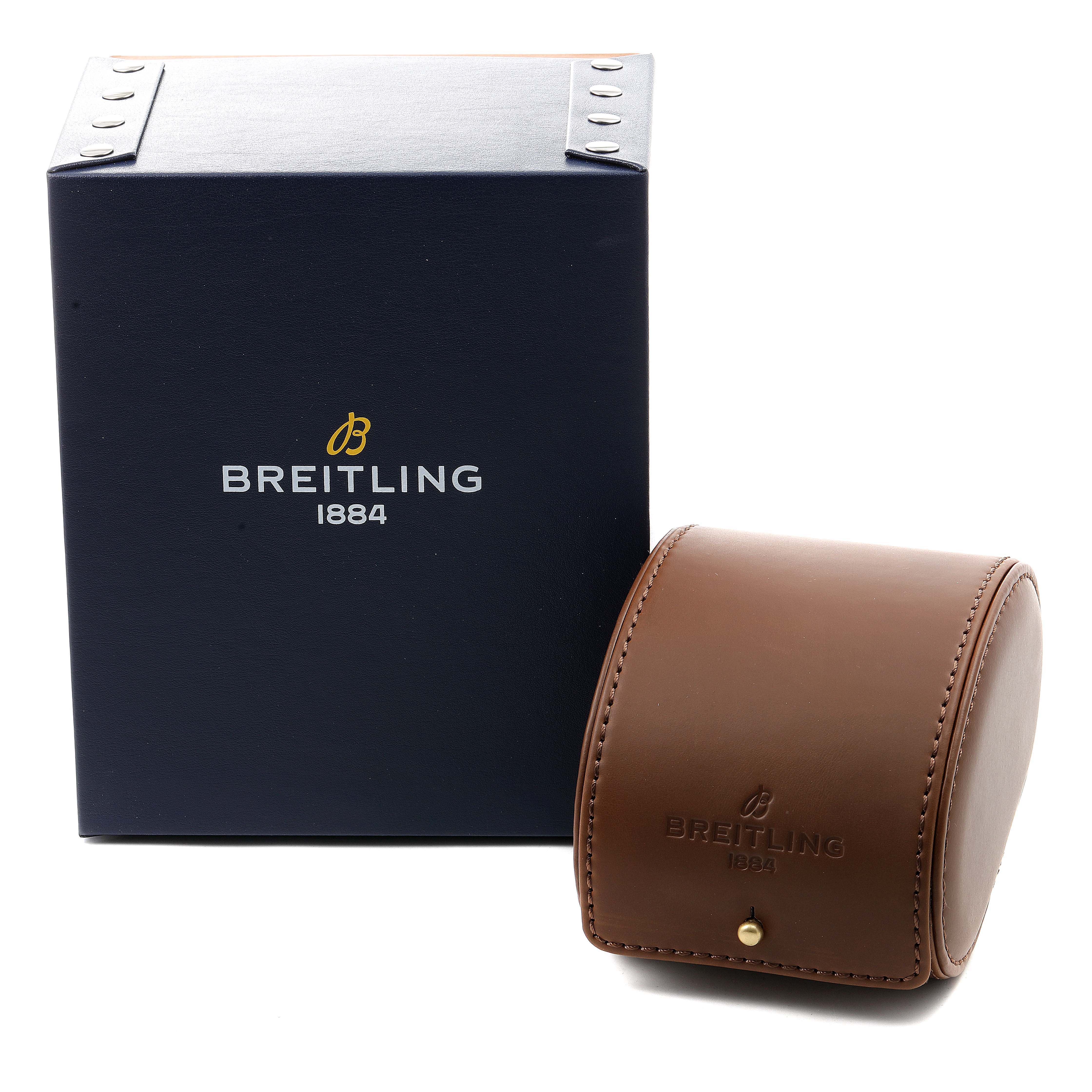 The image shows the packaging box and leather case for a Breitling Navitimer AB0127211C1A1 Men
s Stainless Steel Black Dial AB0127211C1A1 Men
s Stainless Steel Black Dial watch.