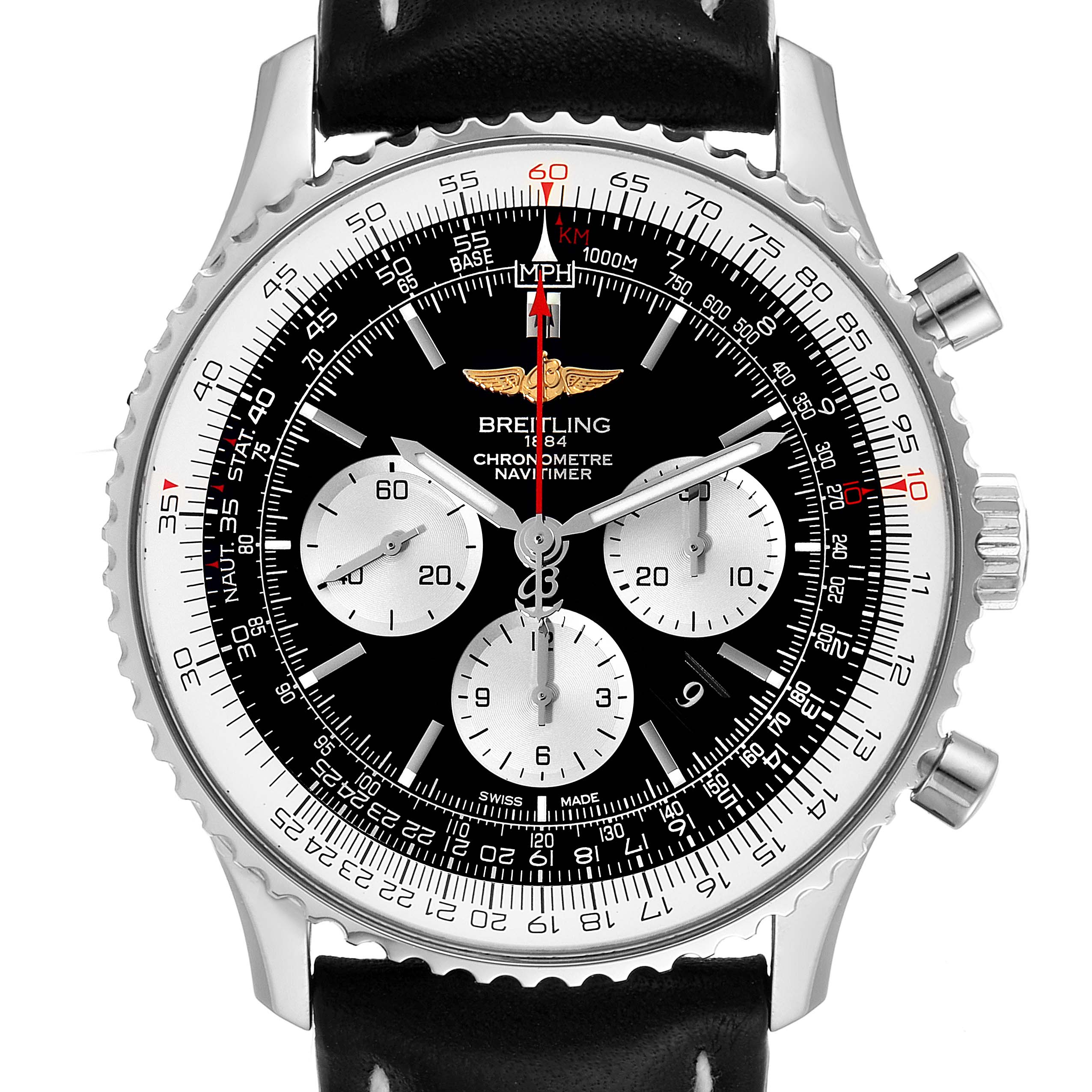 The image shows a Breitling Navitimer AB0127211C1A1 Men
s Stainless Steel Black Dial AB0127211C1A1 Men
s Stainless Steel Black Dial watch face from a front angle, displaying the dial, chronograph sub-dials, and bezel.