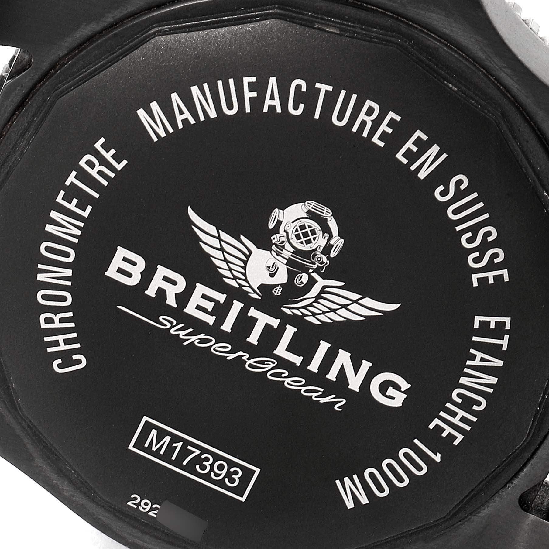 The image shows the back case of a Breitling Superocean M17393 Men
s Stainless Steel Black Dial M17393 Men
s Stainless Steel Black Dial watch highlighting the model, brand, and specifications.