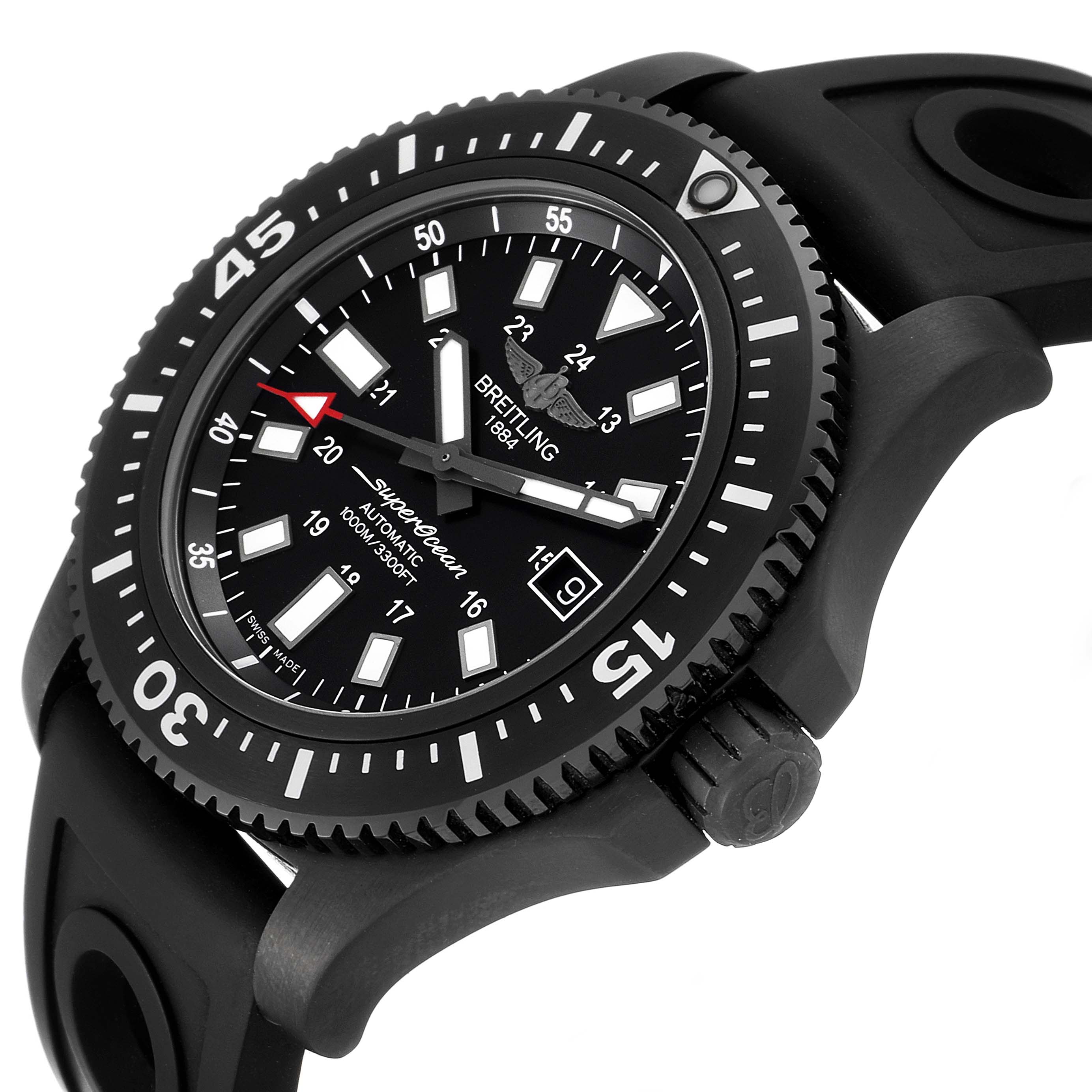 The image shows a close-up, angled view of a Breitling Superocean M17393 Men
s Stainless Steel Black Dial M17393 Men
s Stainless Steel Black Dial watch, highlighting the dial, bezel, and strap.