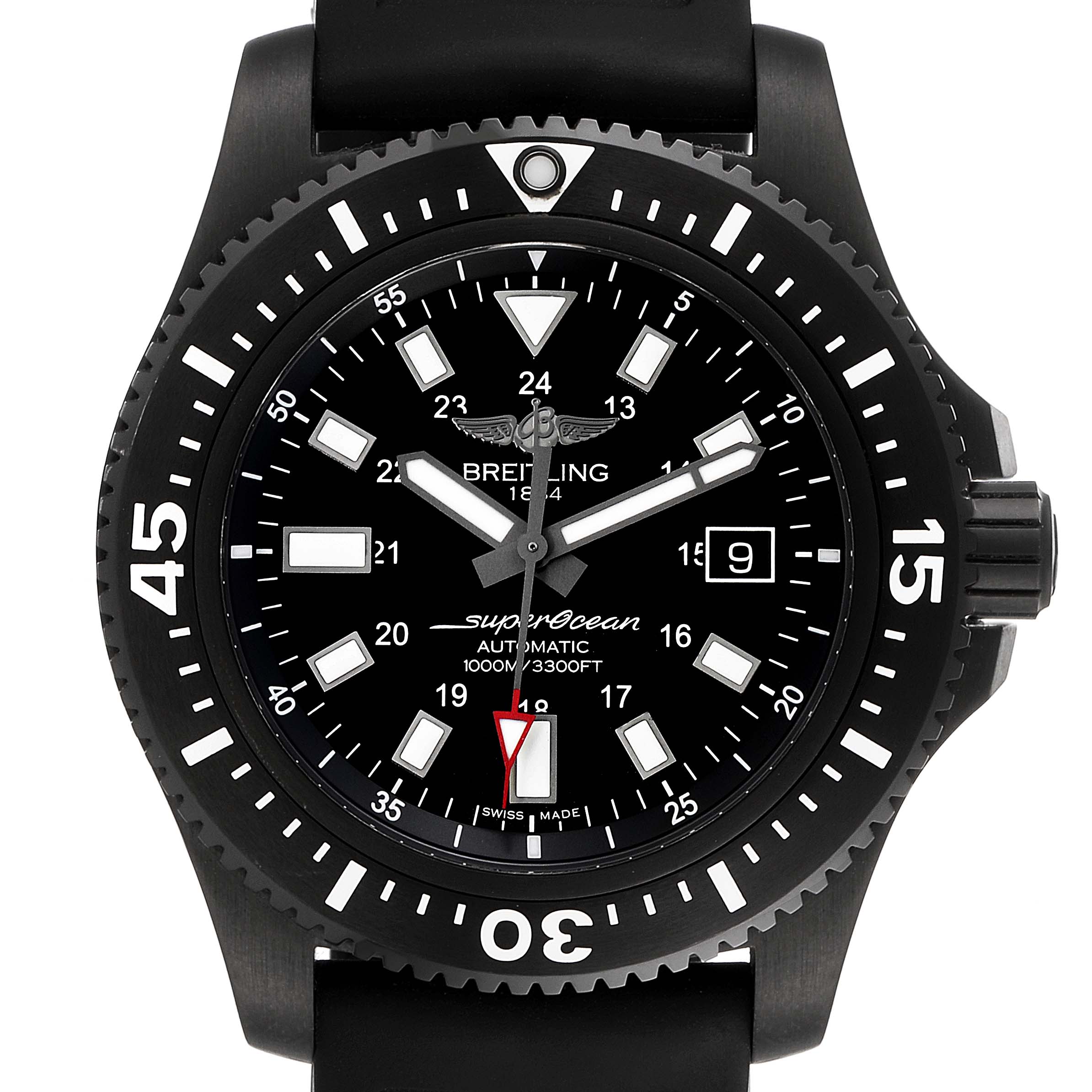 The Breitling Superocean M17393 Men
s Stainless Steel Black Dial M17393 Men
s Stainless Steel Black Dial watch is shown from a front angle, highlighting the dial, bezel, and crown.