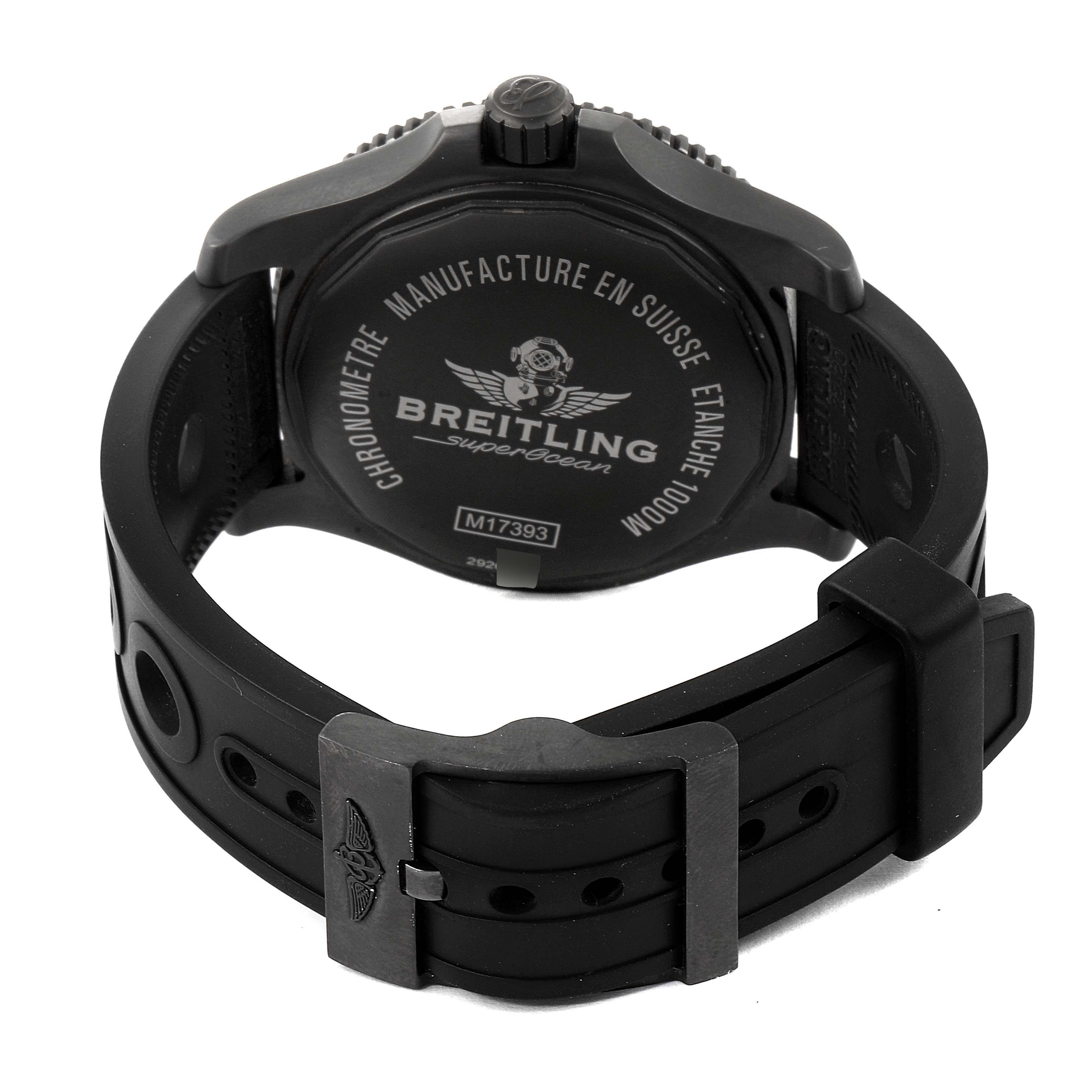 The image shows the back case and rubber strap of a Breitling Superocean M17393 Men
s Stainless Steel Black Dial M17393 Men
s Stainless Steel Black Dial watch viewed from a rear angle.