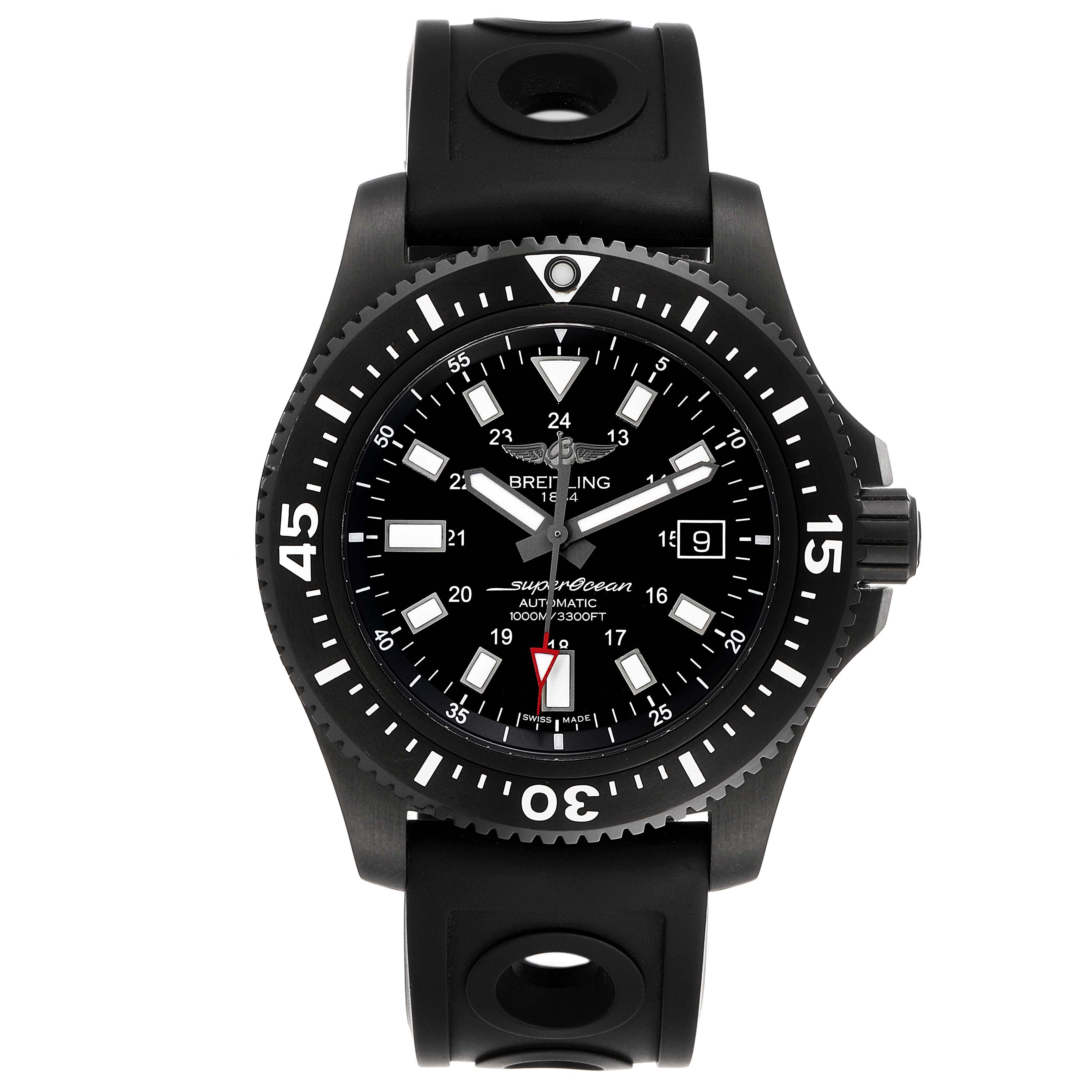 This image shows a front view of a Breitling Superocean M17393 Men
s Stainless Steel Black Dial M17393 Men
s Stainless Steel Black Dial watch, highlighting the dial, bezel, and rubber strap.
