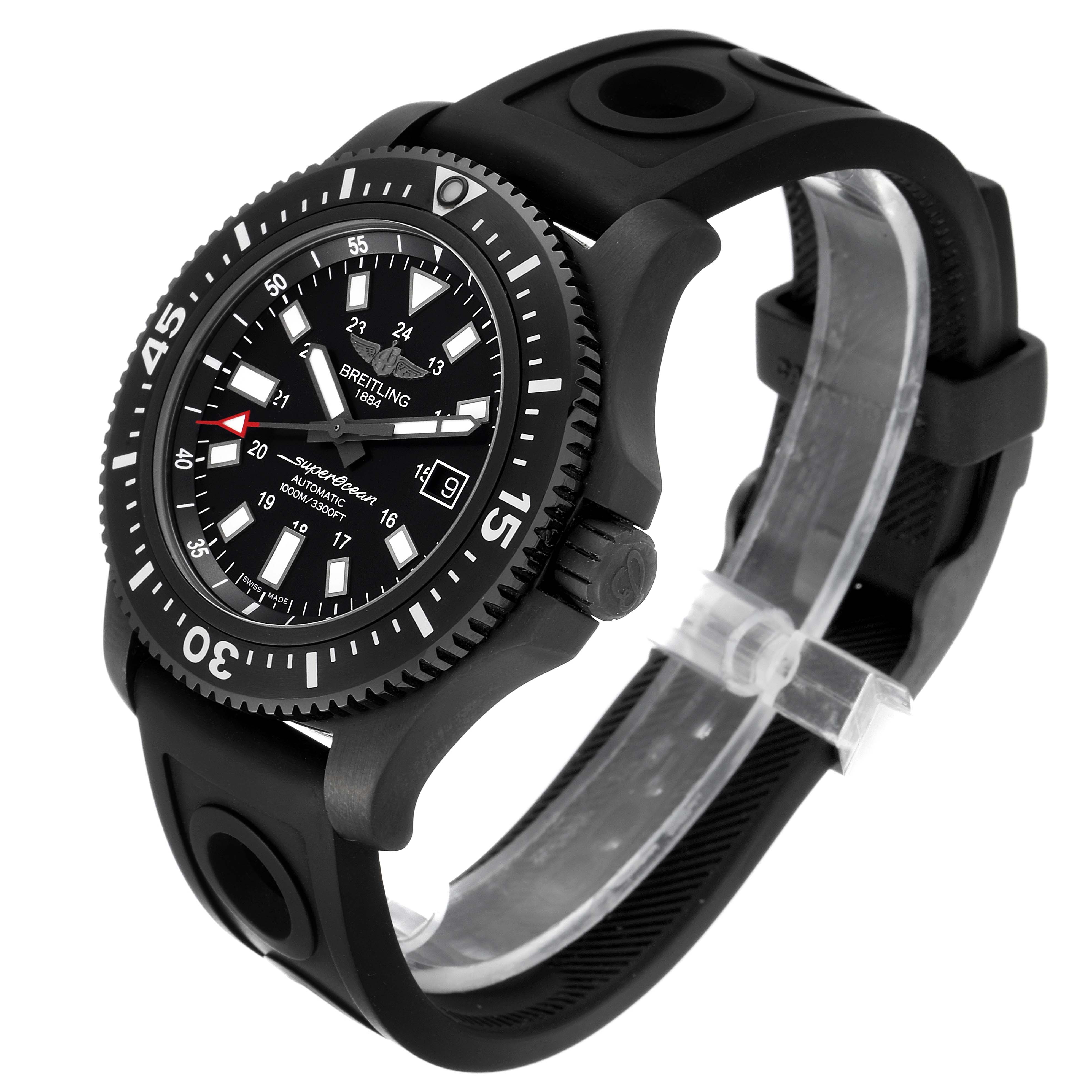 The Breitling Superocean M17393 Men
s Stainless Steel Black Dial M17393 Men
s Stainless Steel Black Dial watch is shown at a three-quarter angle, displaying the bezel, dial, and part of the strap.