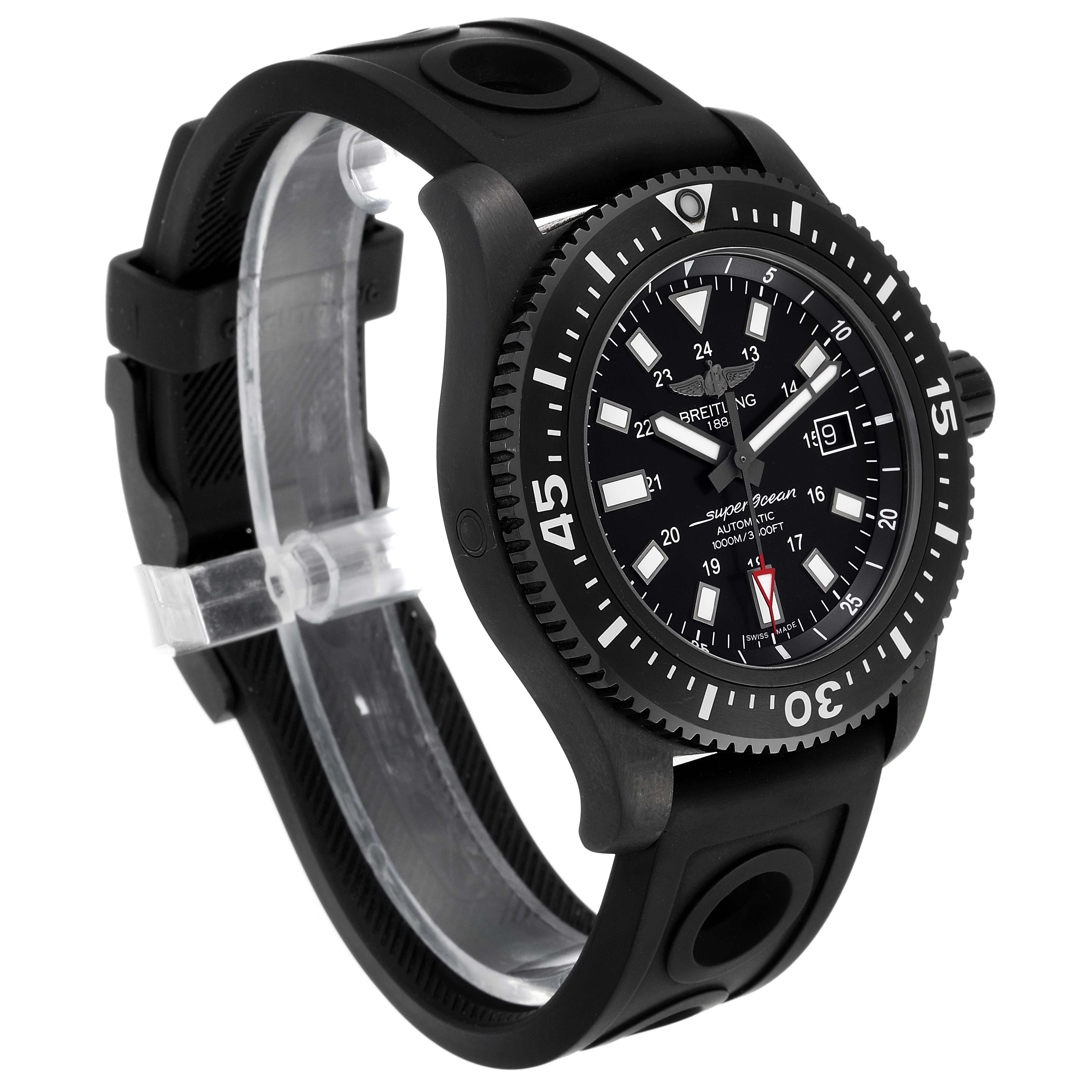 The image shows a side angle of the Breitling Superocean M17393 Men
s Stainless Steel Black Dial M17393 Men
s Stainless Steel Black Dial watch, featuring the bezel, dial, and rubber strap.