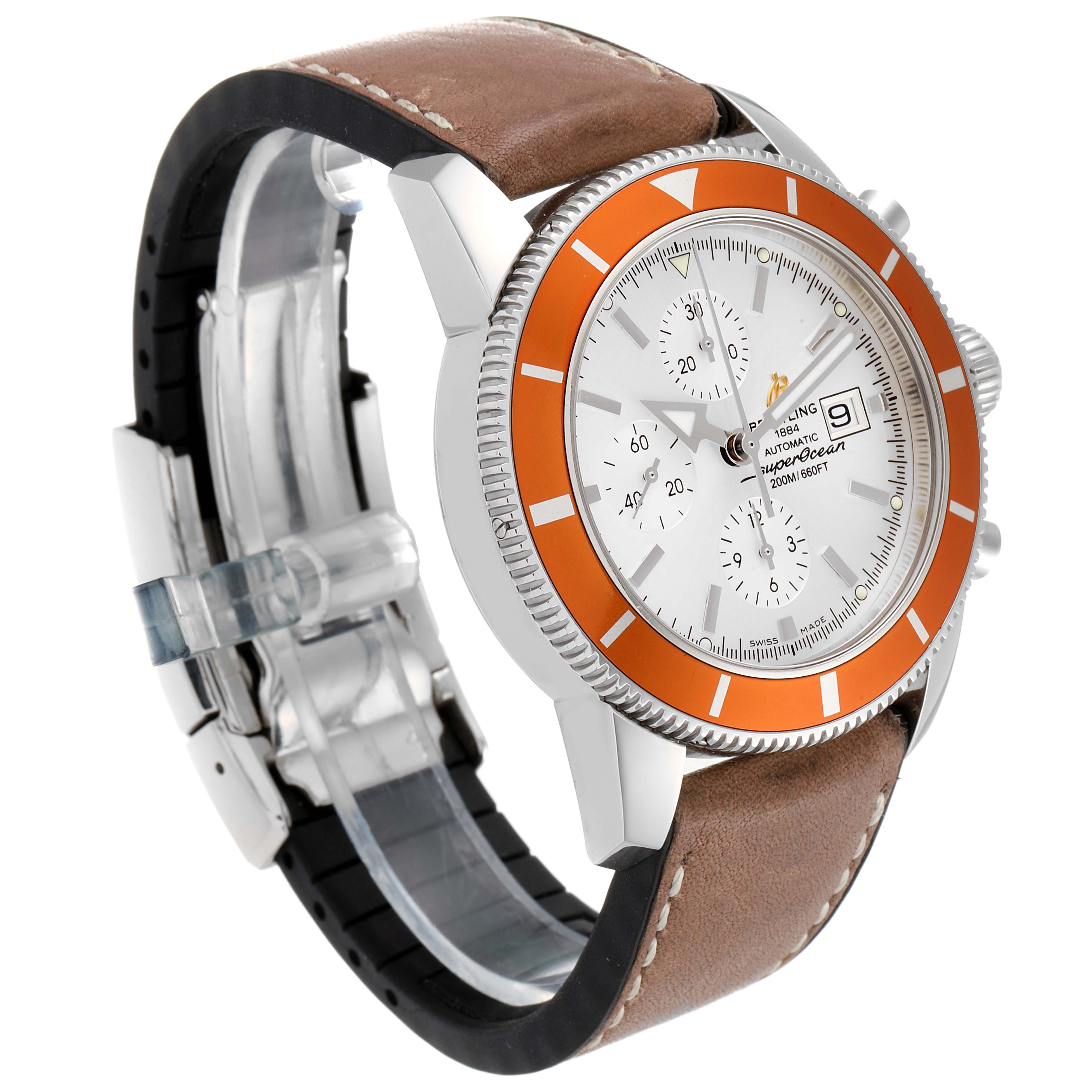 The Breitling Superocean A13320 Men's Stainless Steel Silver Dial A13320 Men's Stainless Steel Silver Dial watch is shown at a three-quarter angle, highlighting the face, bezel, crown, and leather strap.