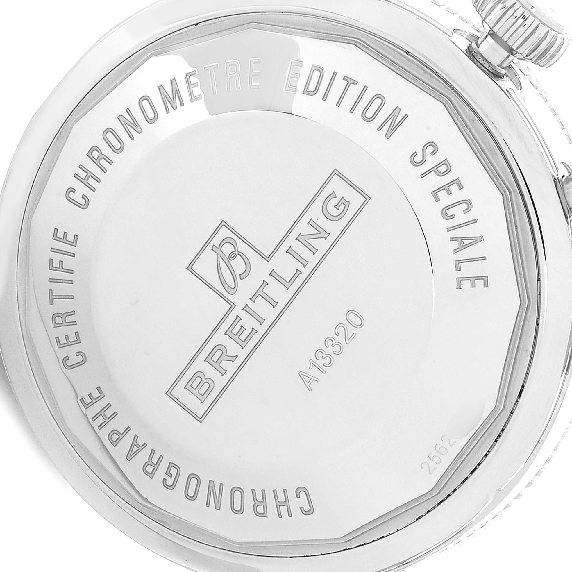 The image shows the back case of a Breitling Superocean A13320 Men's Stainless Steel Silver Dial A13320 Men's Stainless Steel Silver Dial watch, highlighting its engraving and crown part.