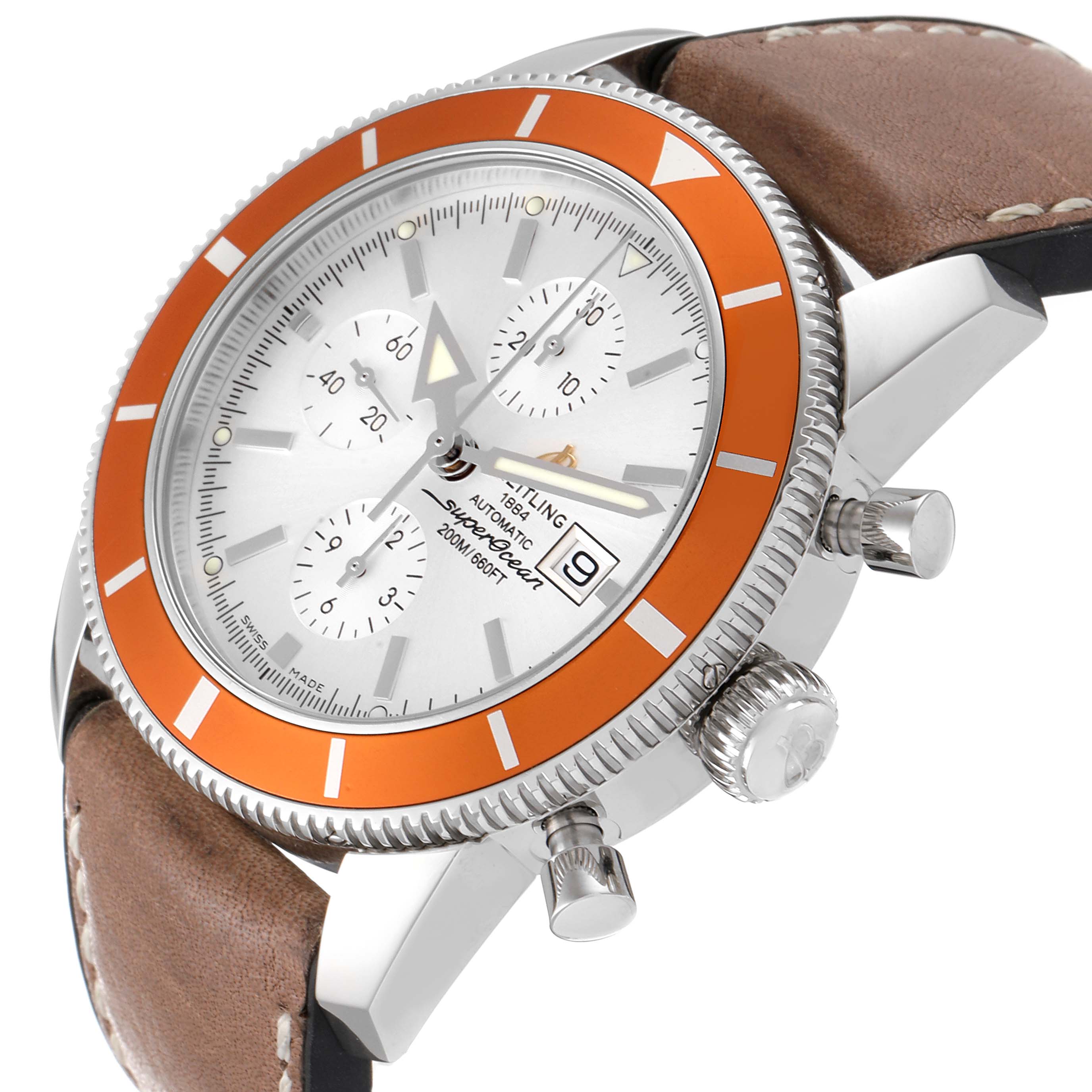 The Breitling Superocean A13320 Men's Stainless Steel Silver Dial A13320 Men's Stainless Steel Silver Dial watch is shown at an angle highlighting its orange bezel, chronograph subdials, push buttons, and leather strap.