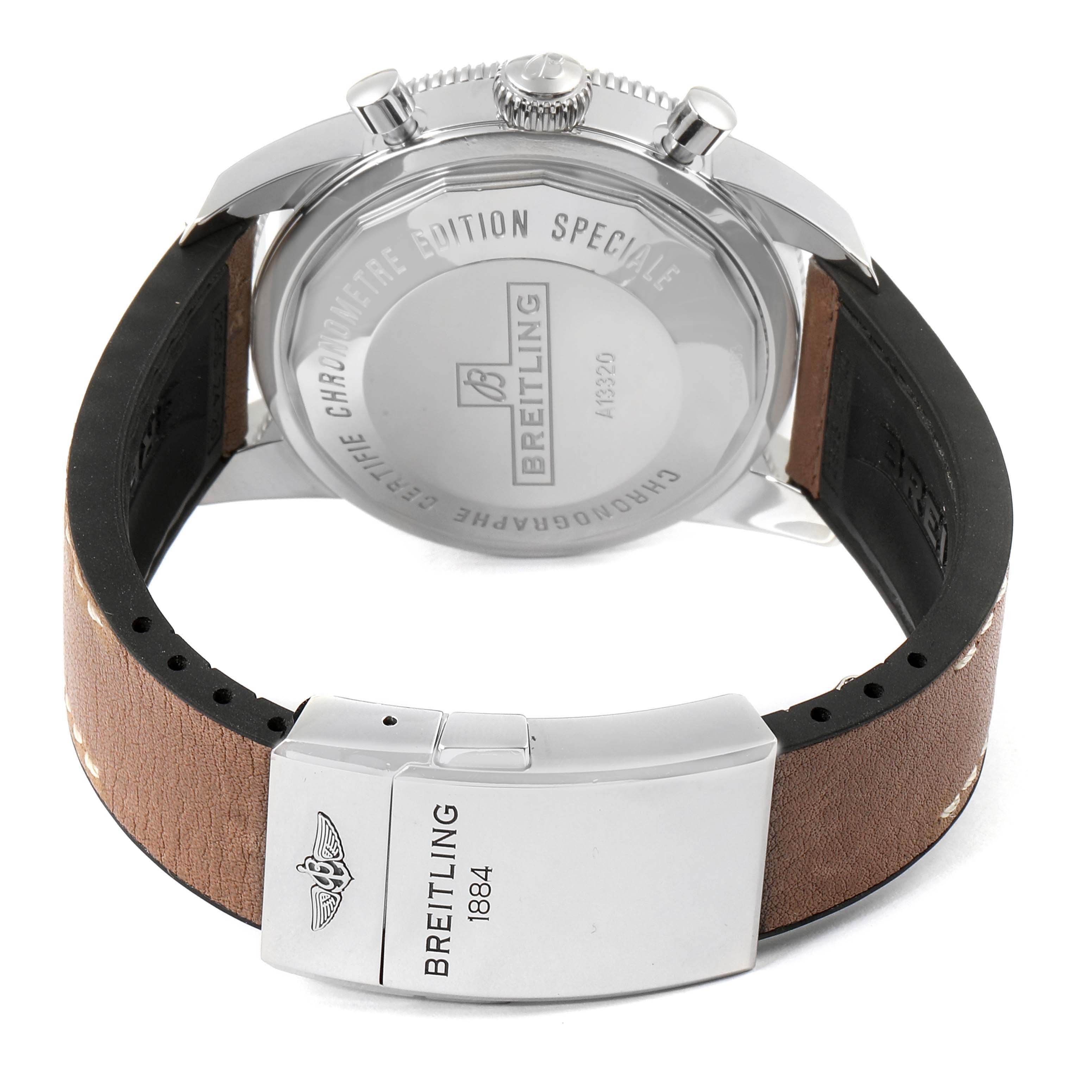 The image shows the back case and clasp of the Breitling Superocean A13320 Men's Stainless Steel Silver Dial A13320 Men's Stainless Steel Silver Dial watch from a rear angle.