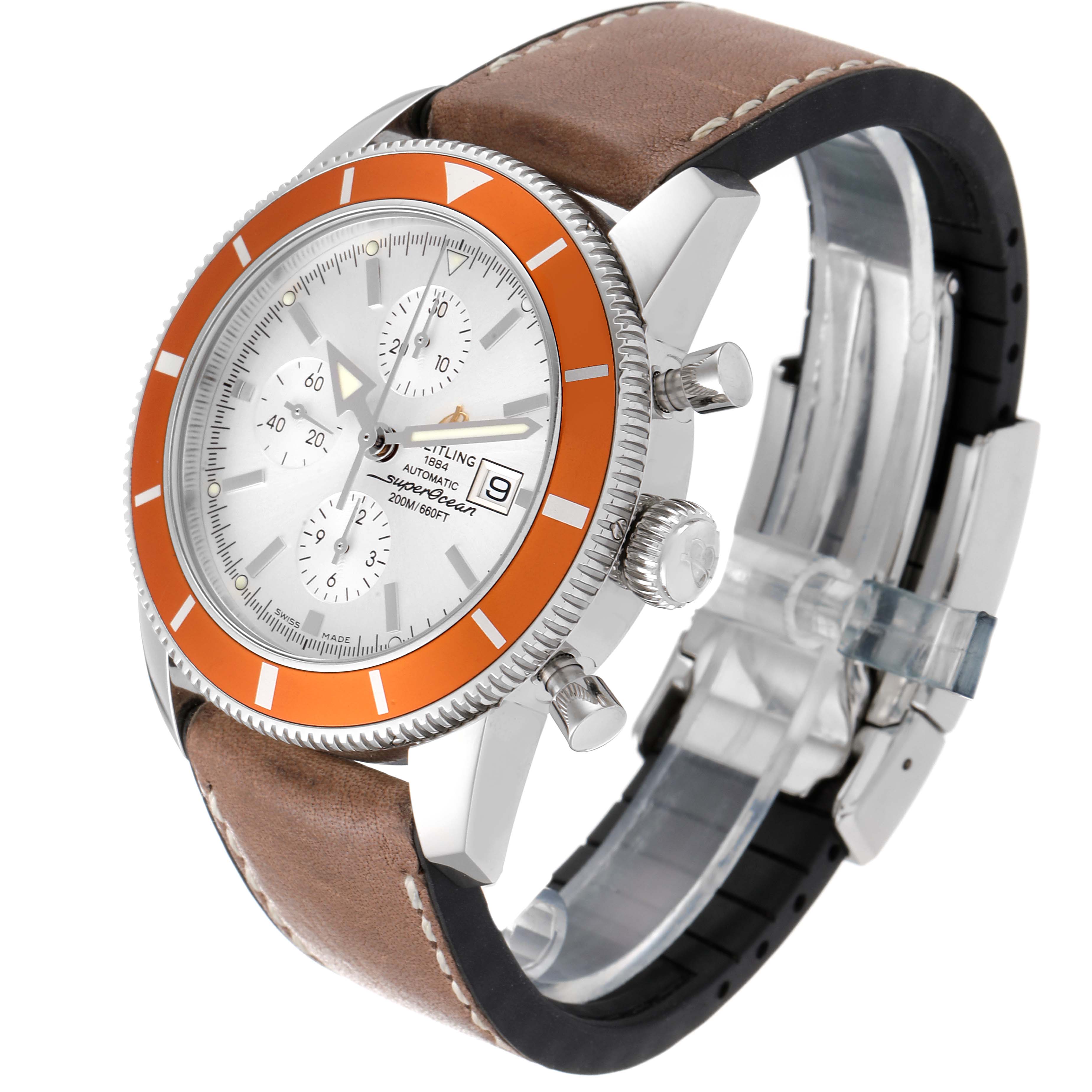 The Breitling Superocean A13320 Men's Stainless Steel Silver Dial A13320 Men's Stainless Steel Silver Dial watch is shown from a side angle, displaying its face, bezel, crown, pushers, and leather strap.