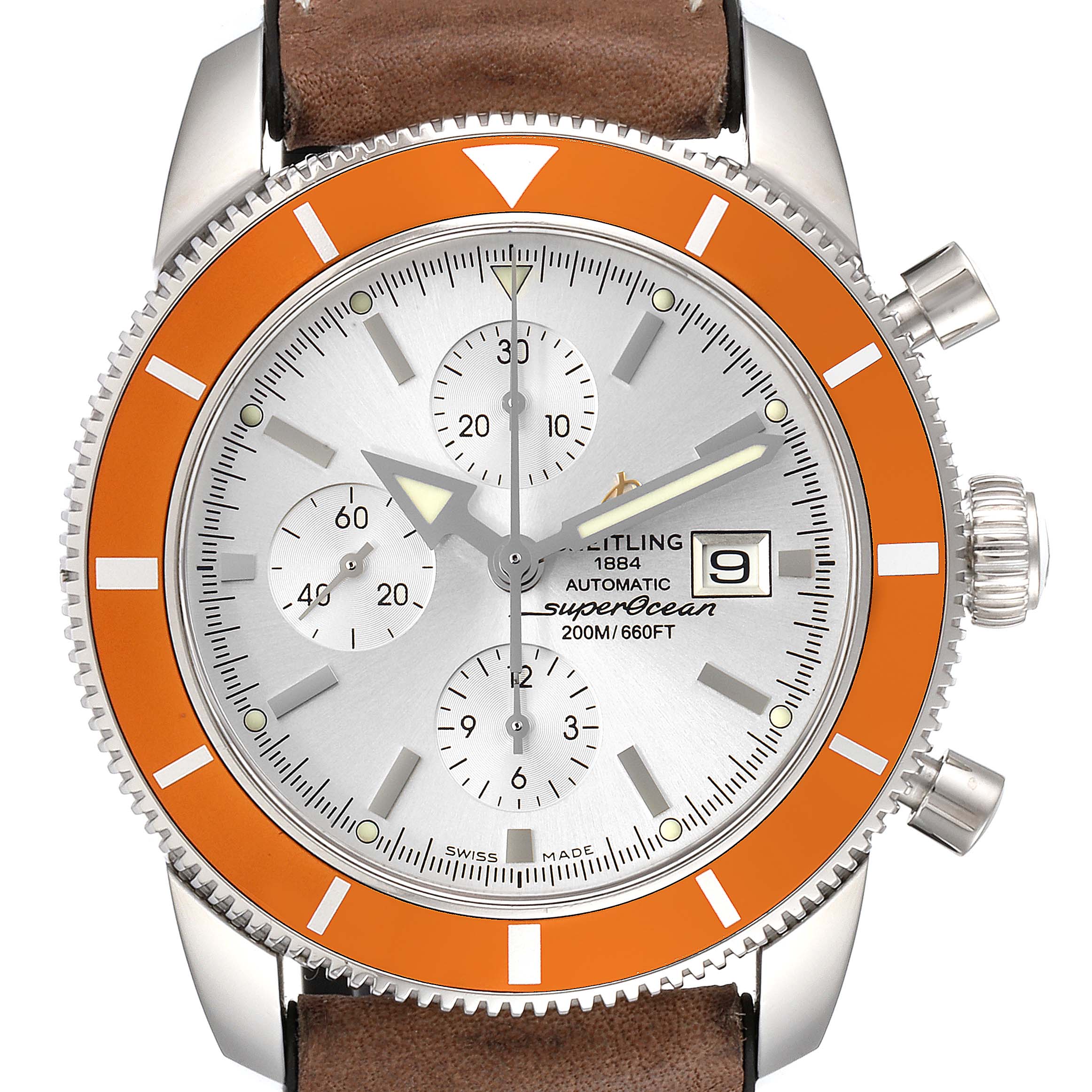 The image shows the front view of the Breitling Superocean A13320 Men's Stainless Steel Silver Dial A13320 Men's Stainless Steel Silver Dial watch, displaying its orange bezel, silver dial, and brown leather strap.