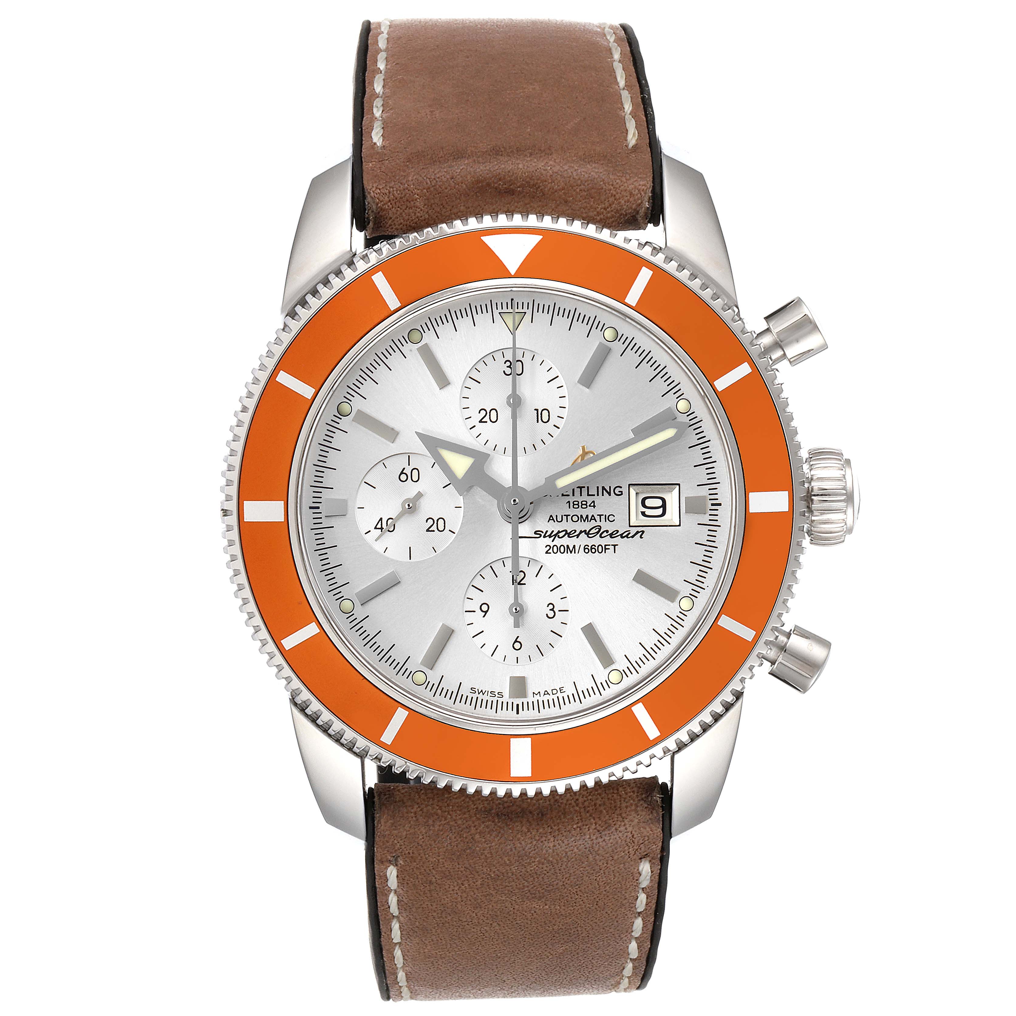 The Breitling Superocean A13320 Men's Stainless Steel Silver Dial A13320 Men's Stainless Steel Silver Dial watch is shown from a front angle, highlighting its face, bezel, and brown leather strap.