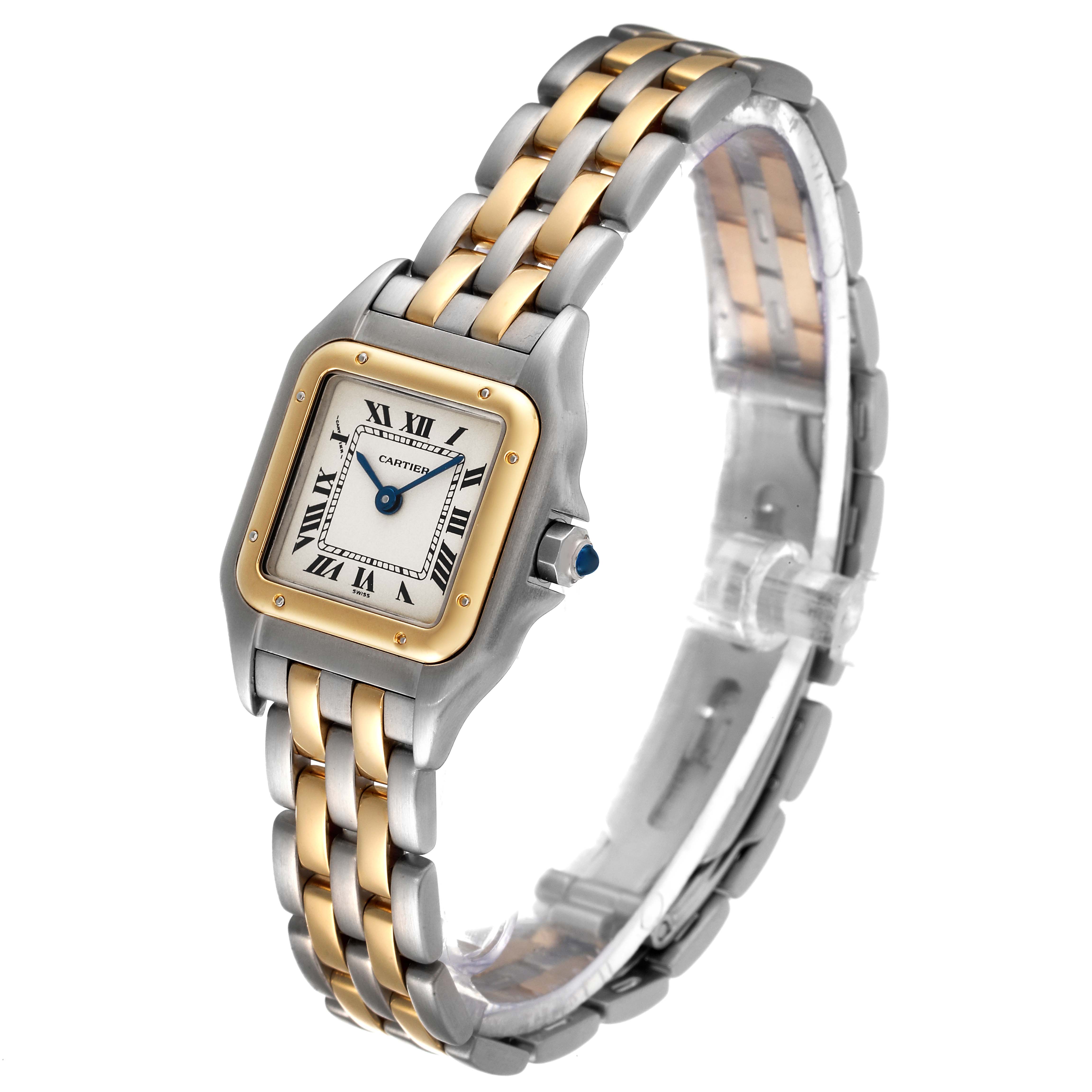 The Cartier Panthere W25029B6 Women's Steel and Gold (two tone) Silver Dial W25029B6 Women's Steel and Gold (two tone) Silver Dial watch is shown at a slight angle, displaying the face, bezel, and bicolor bracelet.
