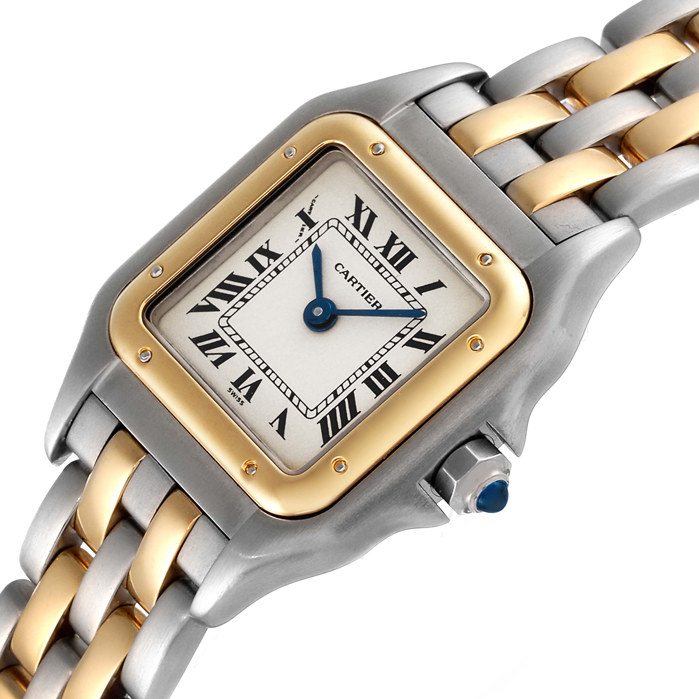 The Cartier Panthere W25029B6 Women's Steel and Gold (two tone) Silver Dial W25029B6 Women's Steel and Gold (two tone) Silver Dial watch is shown at an angle displaying the face, bezel, and part of the two-tone bracelet.