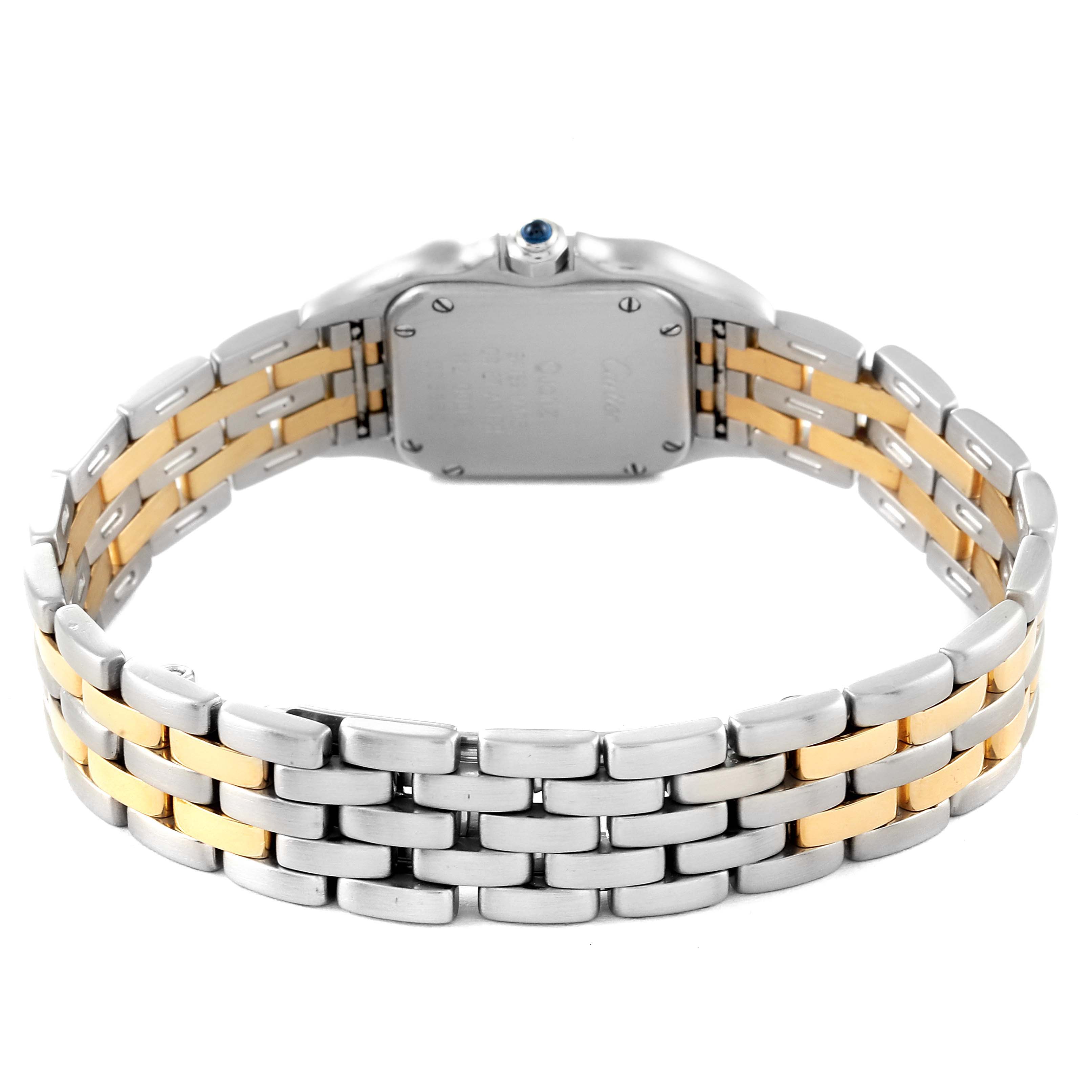 The image shows the back and bracelet of a Cartier Panthere W25029B6 Women's Steel and Gold (two tone) Silver Dial W25029B6 Women's Steel and Gold (two tone) Silver Dial watch, featuring a two-tone metal design.