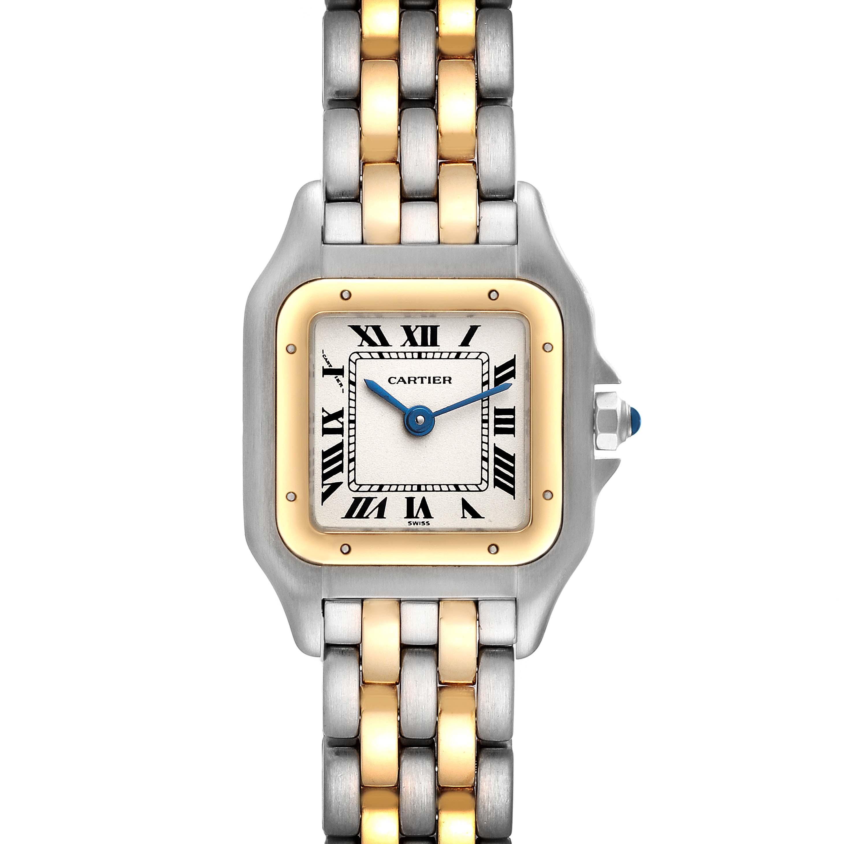 The image shows a top-down view of a Cartier Panthere W25029B6 Women's Steel and Gold (two tone) Silver Dial W25029B6 Women's Steel and Gold (two tone) Silver Dial watch, highlighting the face, bezel, and part of the band.