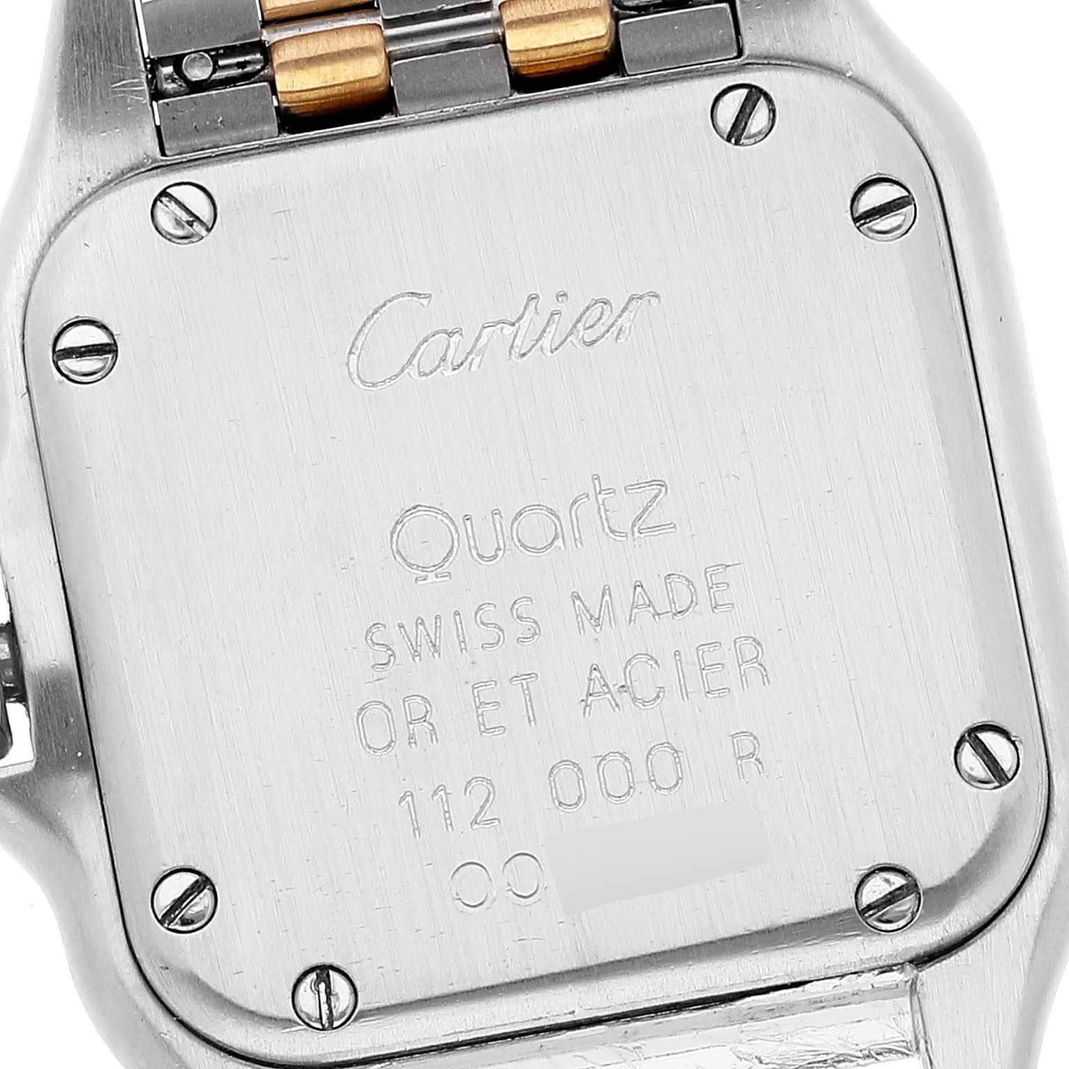 This image shows the back case and part of the bracelet of a Cartier Panthere W25029B6 Women's Steel and Gold (two tone) Silver Dial W25029B6 Women's Steel and Gold (two tone) Silver Dial model watch.