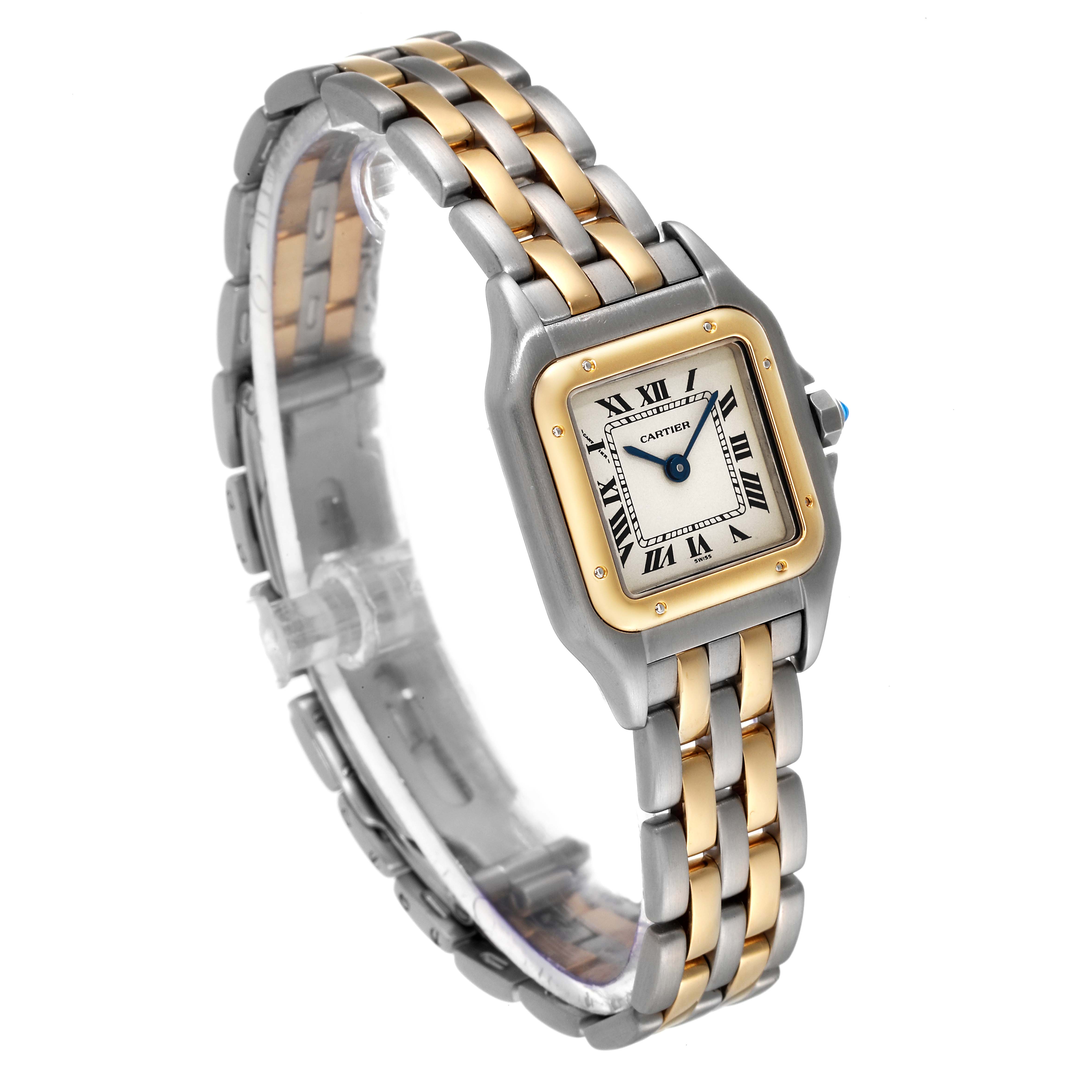 The image shows a Cartier Panthère watch at a three-quarter angle, displaying the face, case, and bracelet.