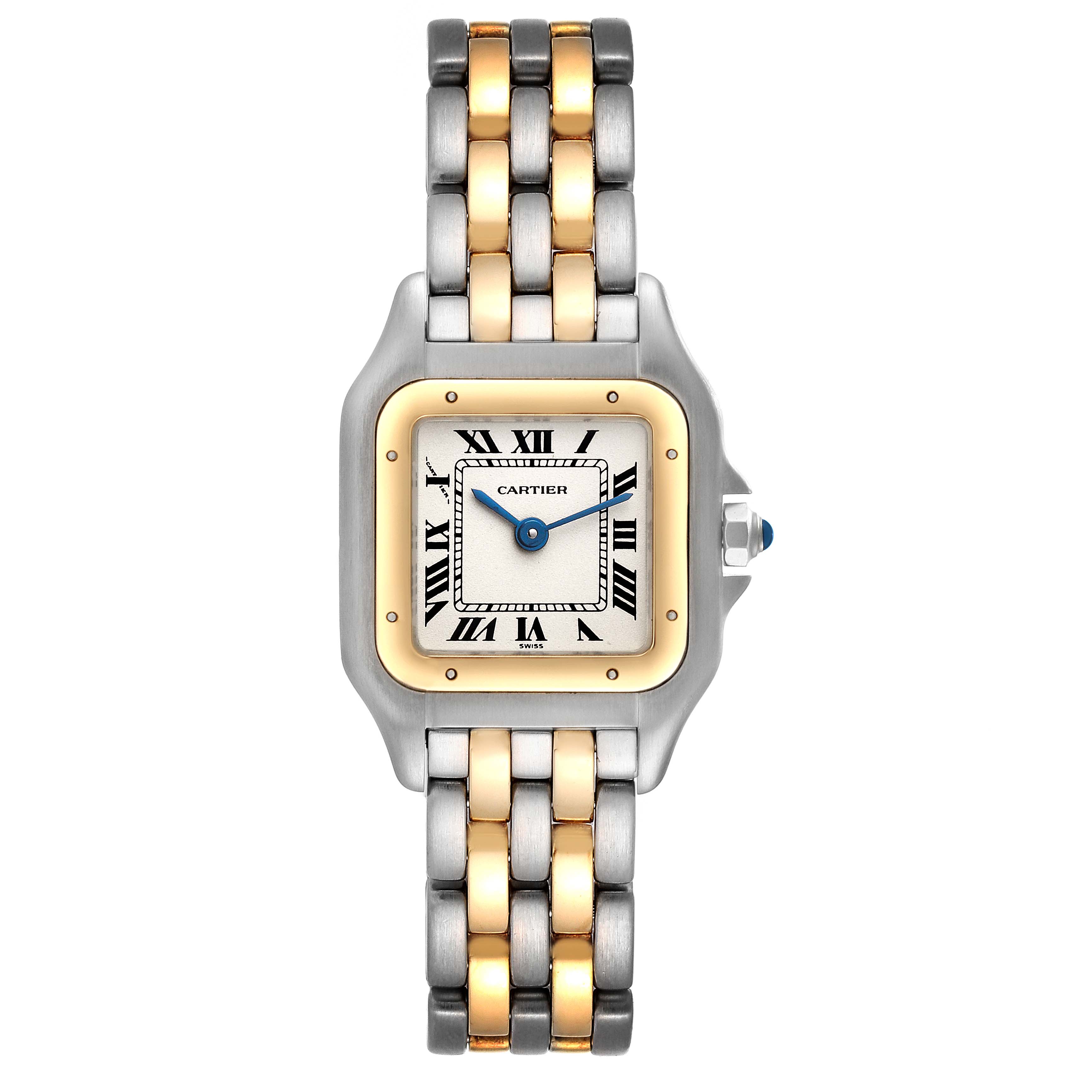 The image shows a Panthere model by Cartier from a top-down angle, highlighting its bracelet and dial.
