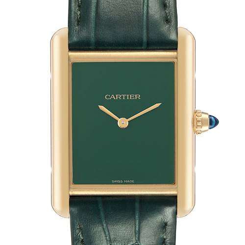 The Cartier Tank Louis WGTA0191 Men's Yellow Gold Green Dial watch is shown from the front, highlighting the green dial, gold case, and the crown with a blue cabochon.