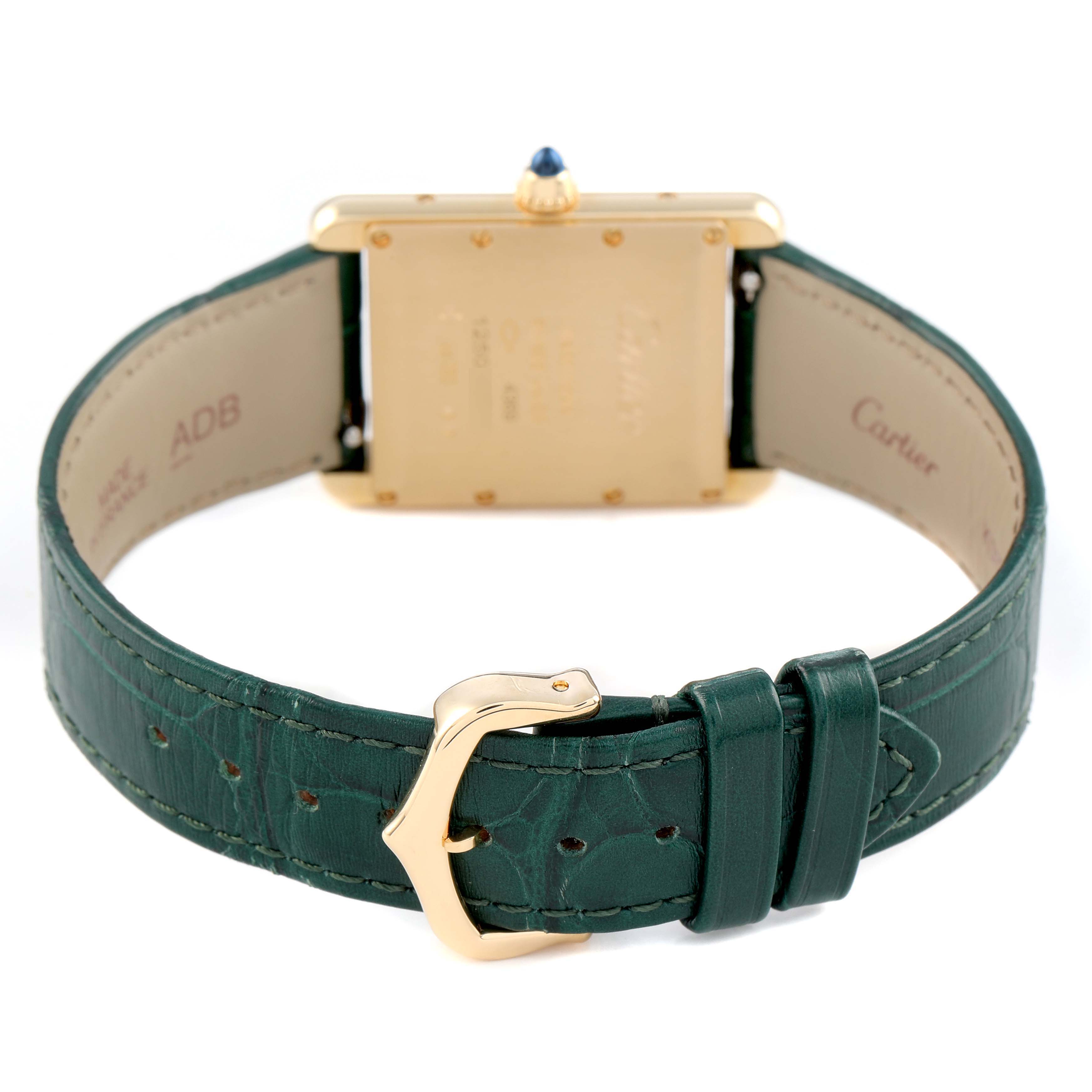 The image shows the back view of a Cartier Tank Louis WGTA0191 Men's Yellow Gold Green Dial watch, highlighting its gold clasp and green leather strap.